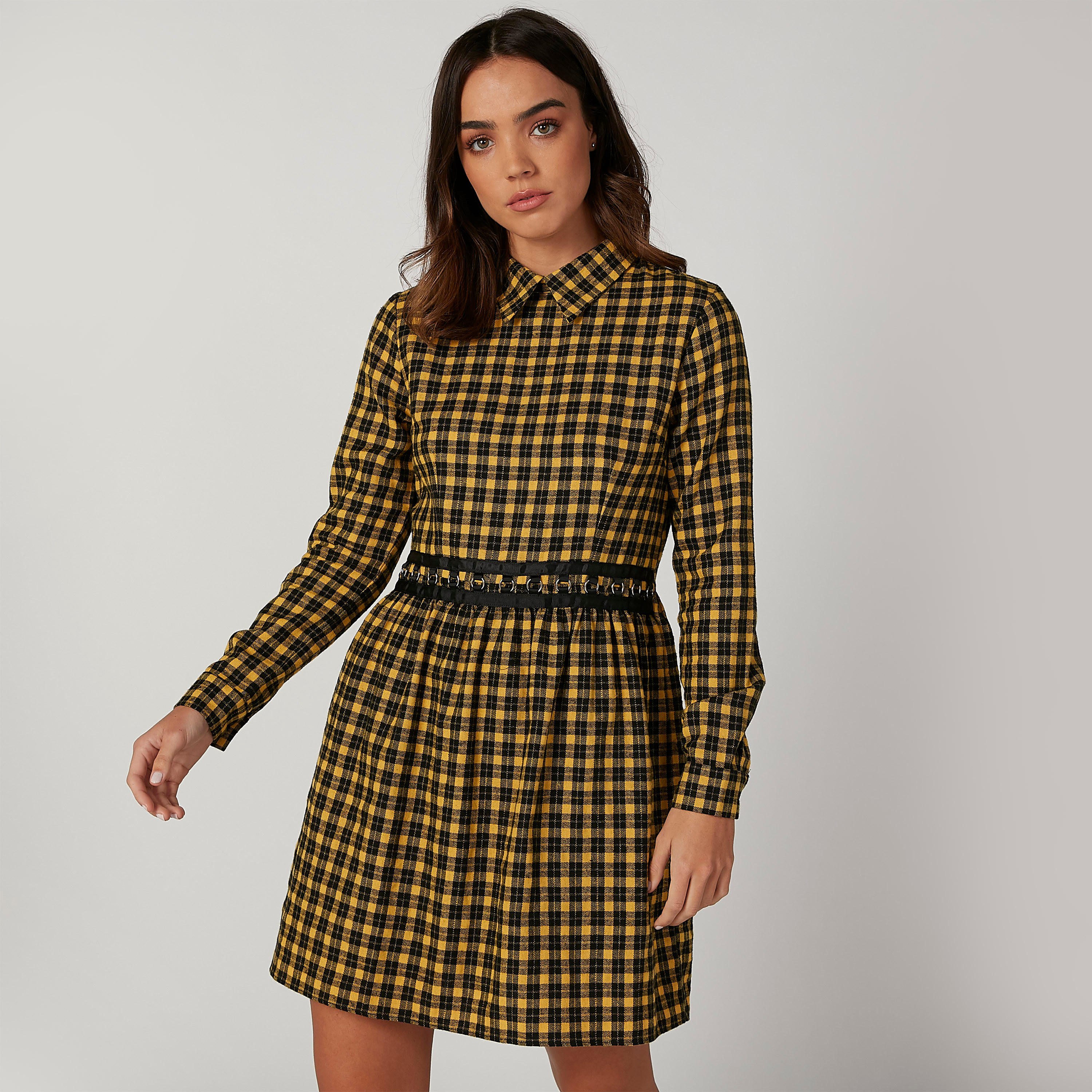 فستان قصير واسع كاروهات بأكمام طويلة-women-clothing-dresses-image-1