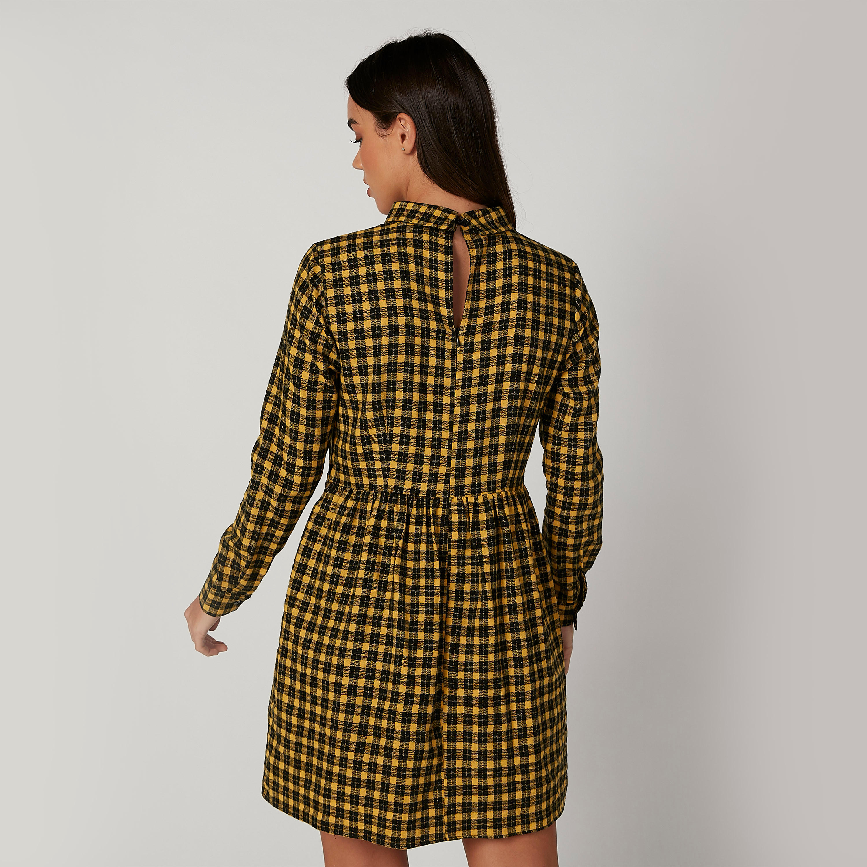 فستان قصير واسع كاروهات بأكمام طويلة-women-clothing-dresses-image-2