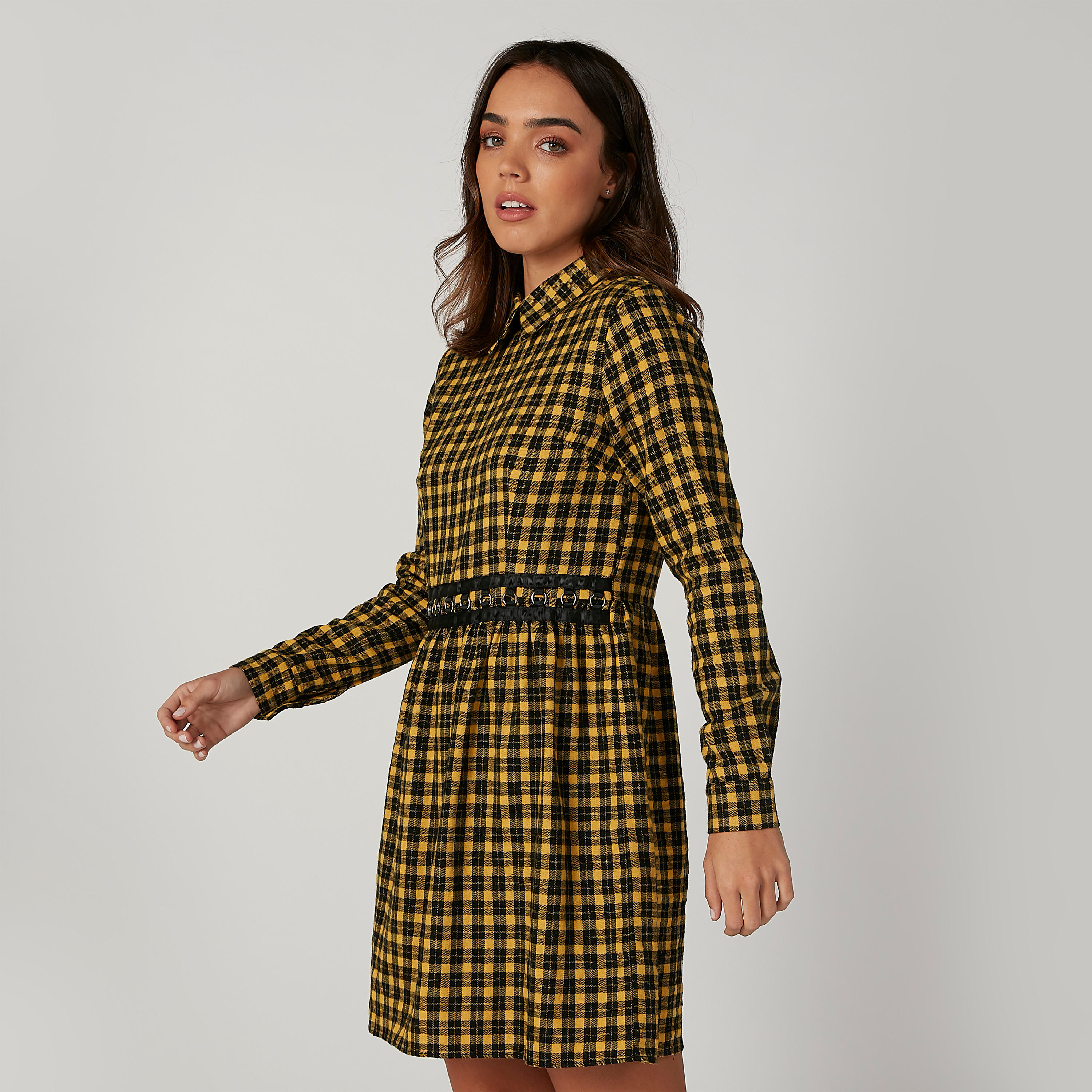 فستان قصير واسع كاروهات بأكمام طويلة-women-clothing-dresses-image-3
