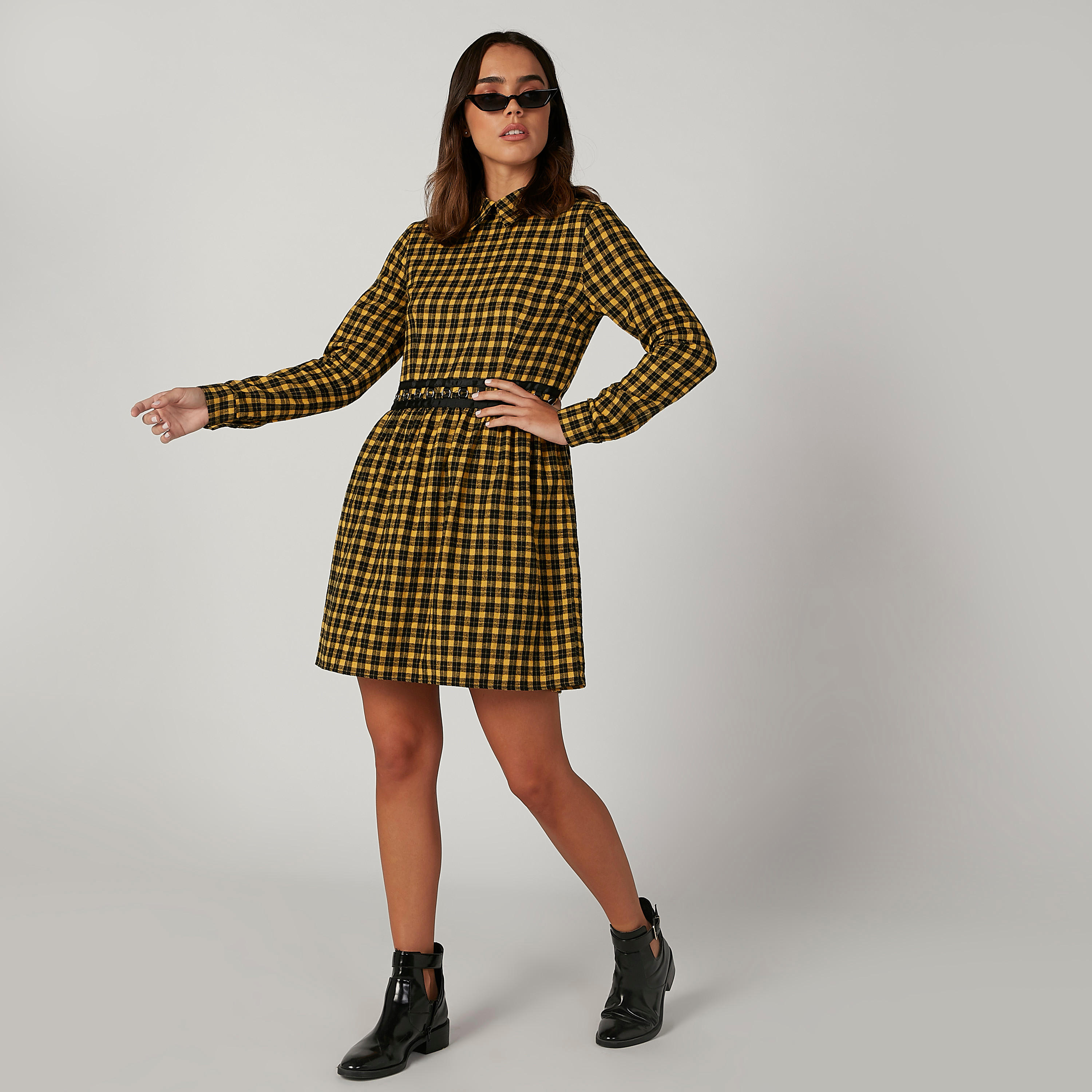 فستان قصير واسع كاروهات بأكمام طويلة-women-clothing-dresses-image-4