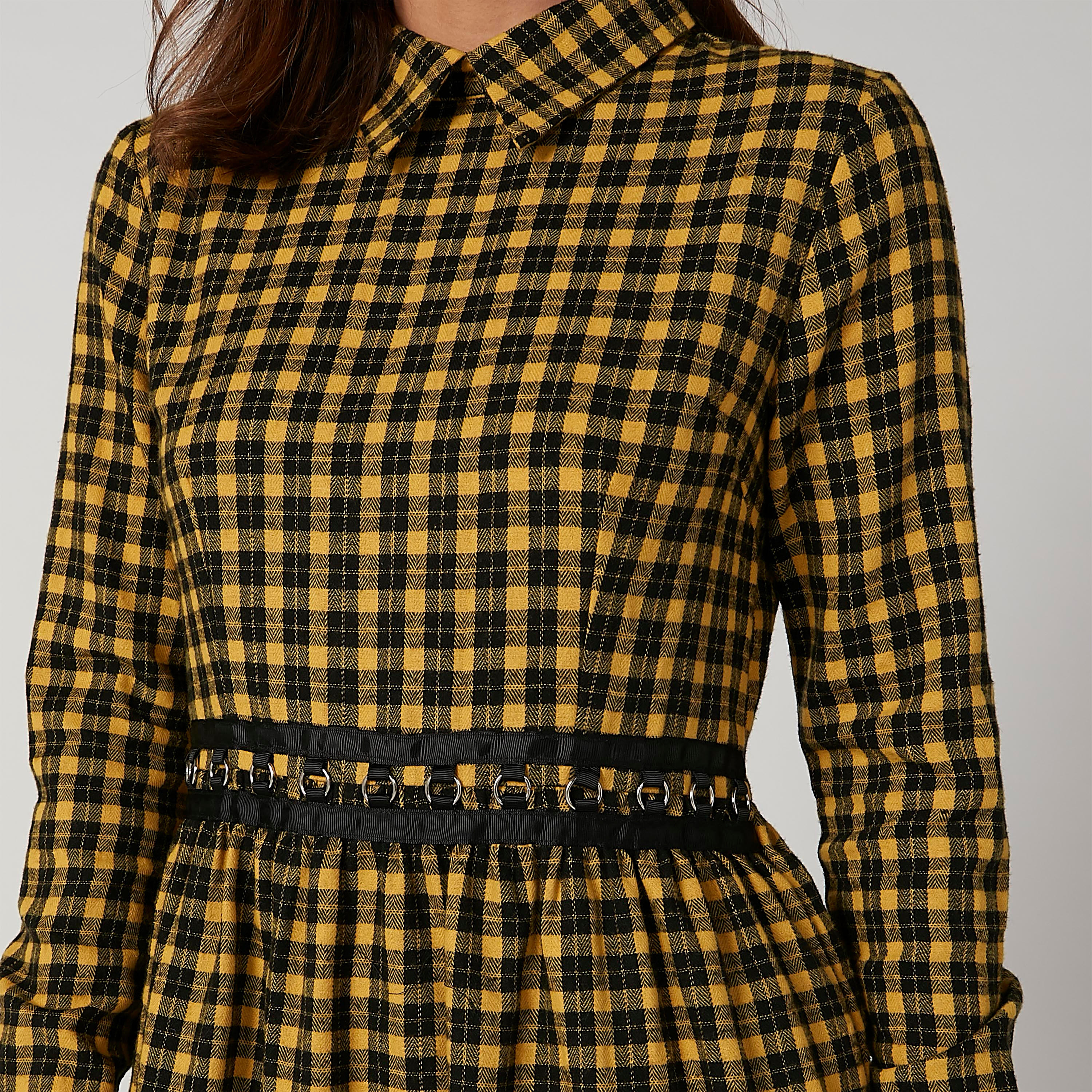 فستان قصير واسع كاروهات بأكمام طويلة-women-clothing-dresses-image-5