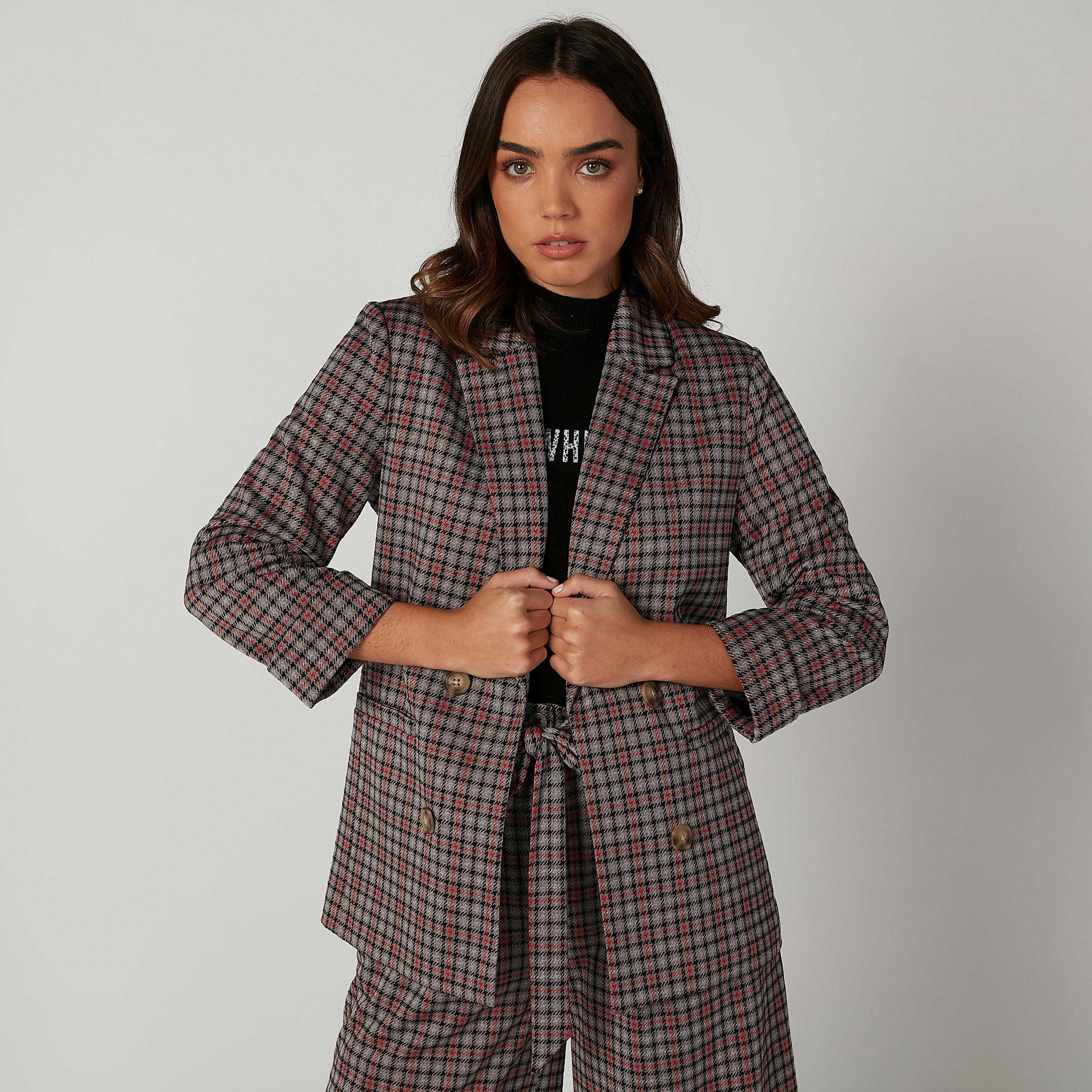 Chequered Blazer with Notched Lapel and Long Sleeves-women-clothing-coatsandjackets-blazers-image-1