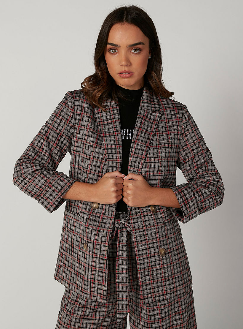 Chequered Blazer with Notched Lapel and Long Sleeves-women-clothing-coatsandjackets-blazers-image-1
