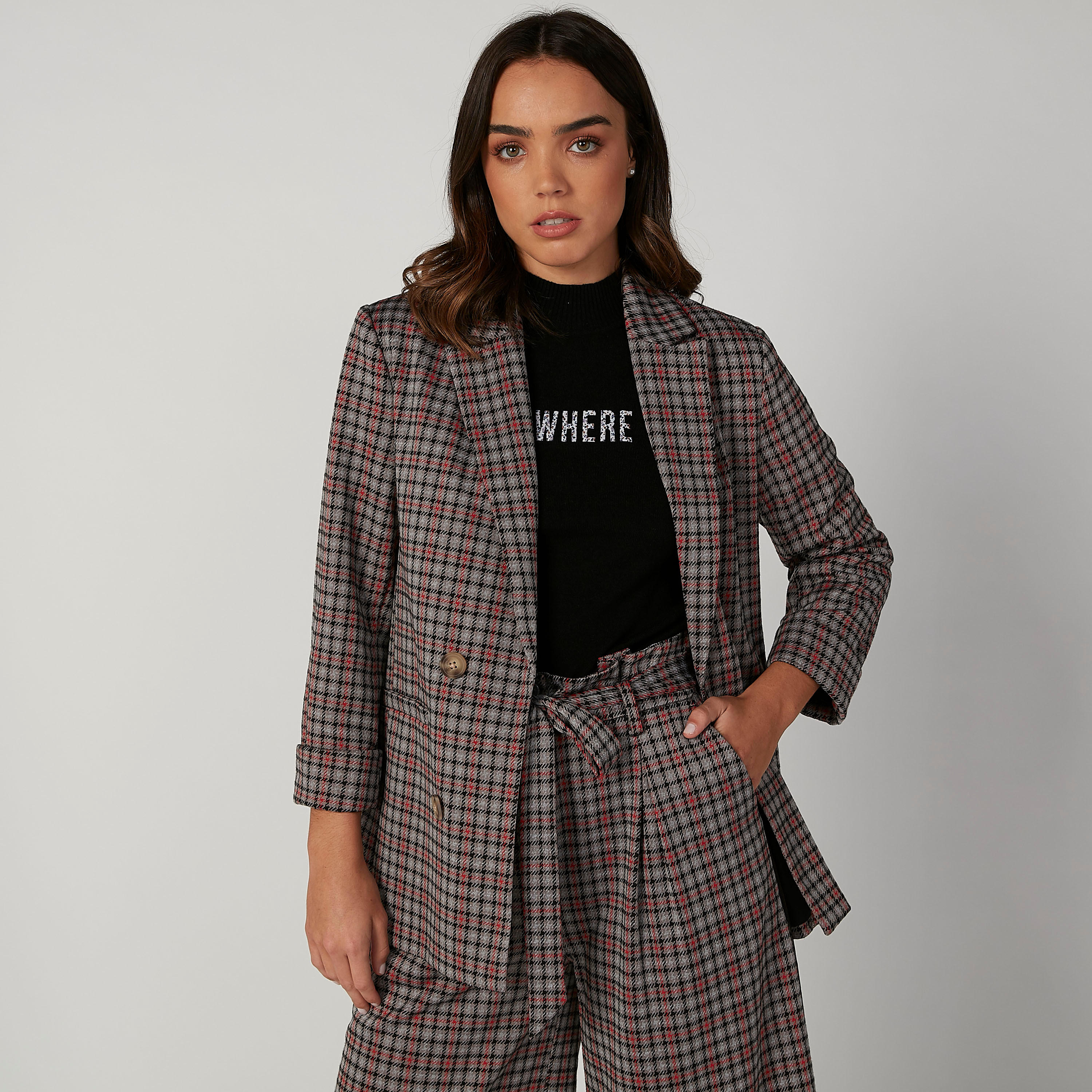 Chequered Blazer with Notched Lapel and Long Sleeves-women-clothing-coatsandjackets-blazers-image-4