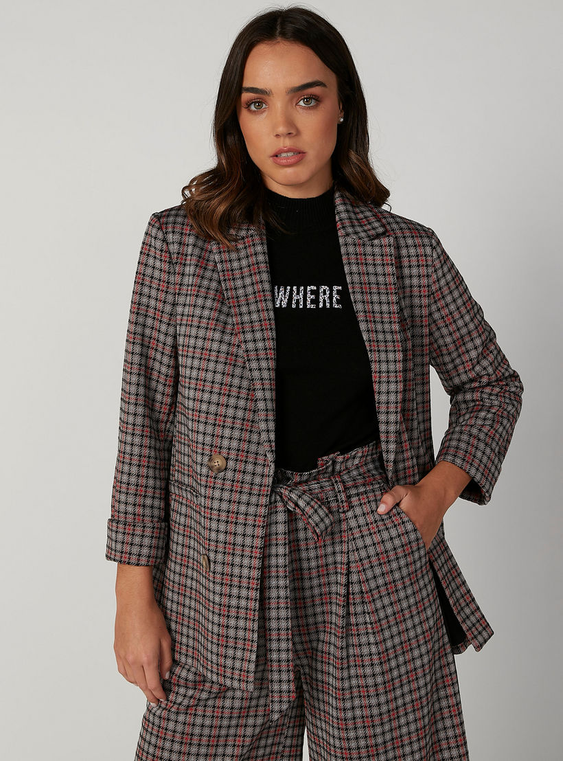 Chequered Blazer with Notched Lapel and Long Sleeves-women-clothing-coatsandjackets-blazers-image-4