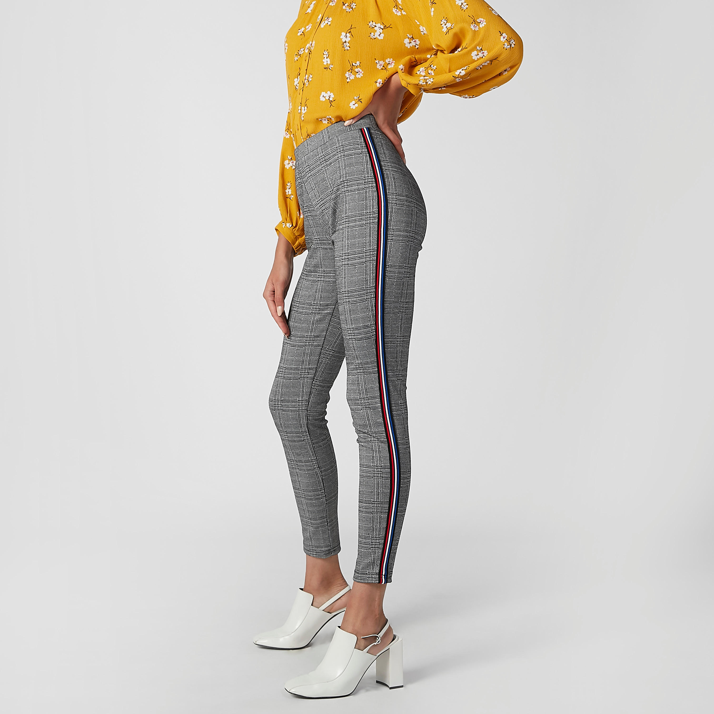 بنطلون بونتي سكيني كاروهات بخصر متوسط الارتفاع وشريطة-women-clothing-bottoms-trousers-image-1