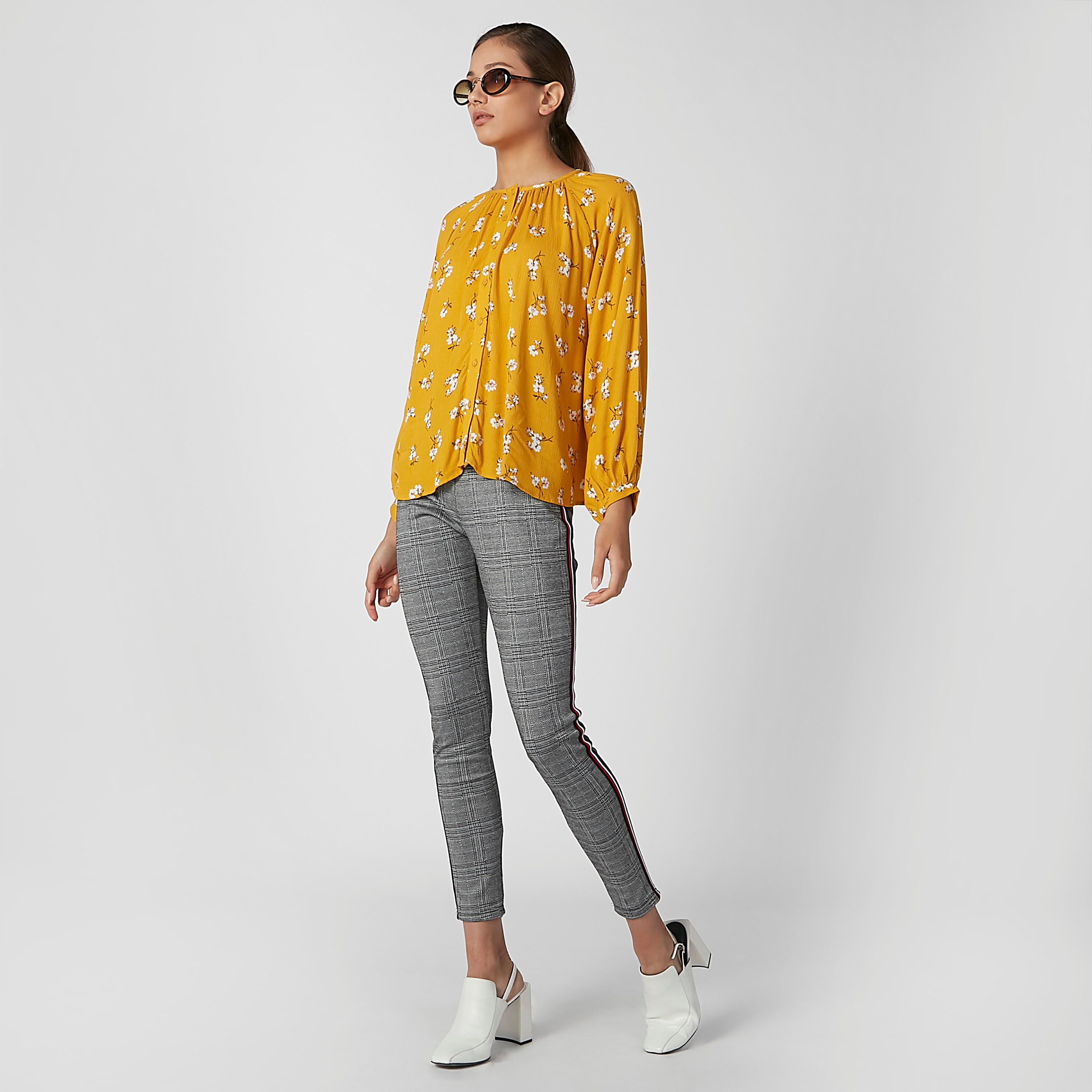 بنطلون بونتي سكيني كاروهات بخصر متوسط الارتفاع وشريطة-women-clothing-bottoms-trousers-image-2