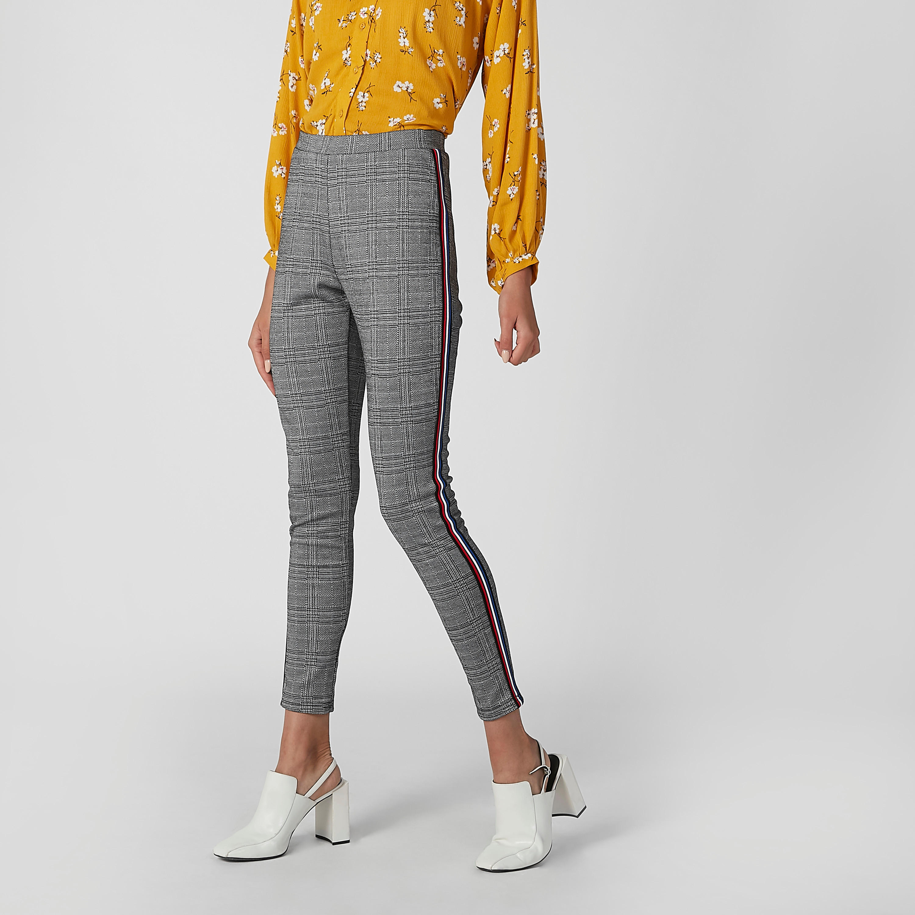 بنطلون بونتي سكيني كاروهات بخصر متوسط الارتفاع وشريطة-women-clothing-bottoms-trousers-image-3