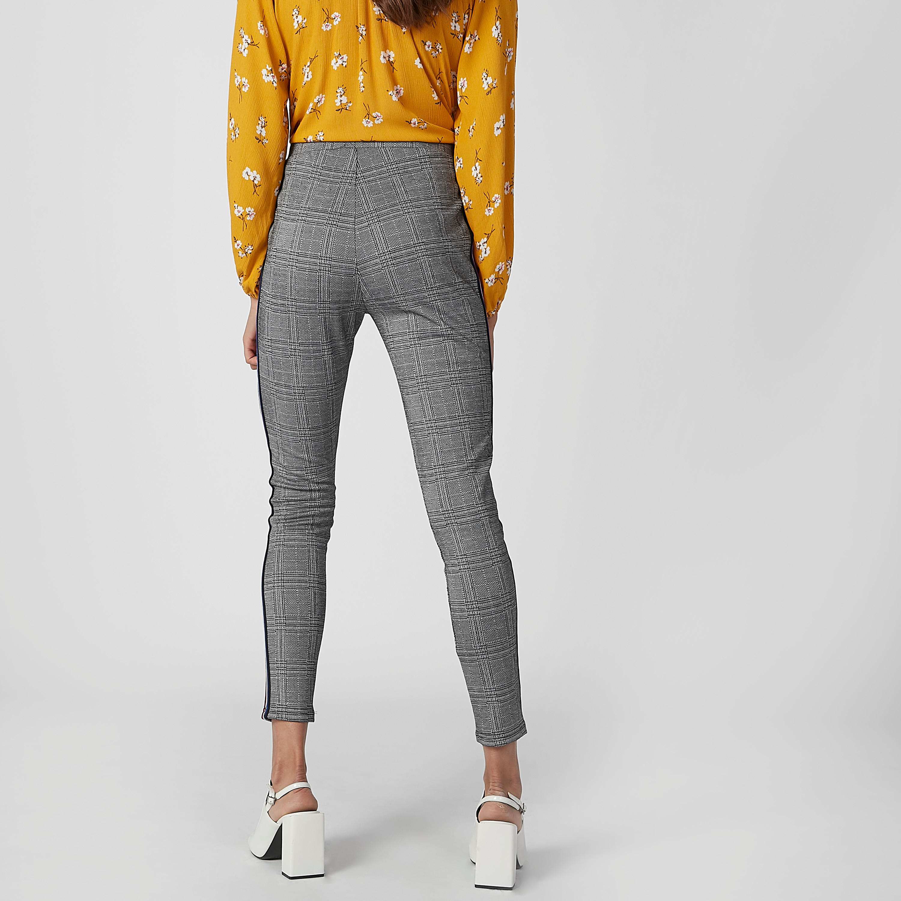 بنطلون بونتي سكيني كاروهات بخصر متوسط الارتفاع وشريطة-women-clothing-bottoms-trousers-image-4