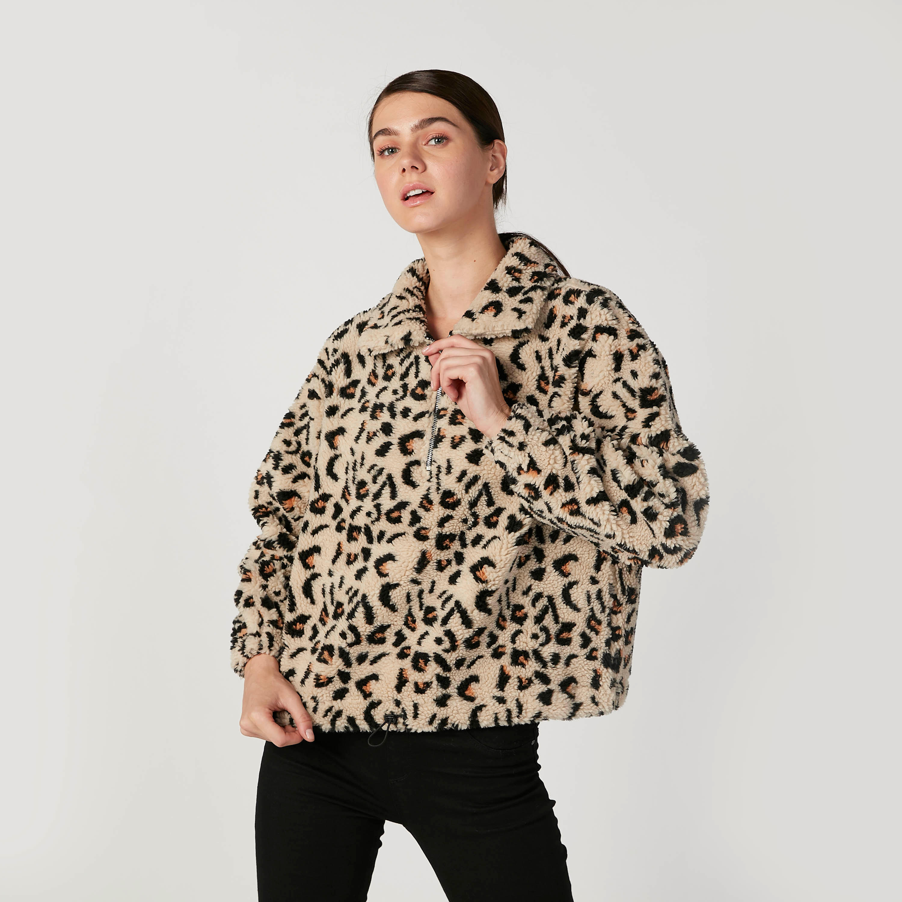 Animal Printed Collared Jacket with Long Sleeves and Zip Closure-women-winterwear-coatsandjackets-jackets-image-1