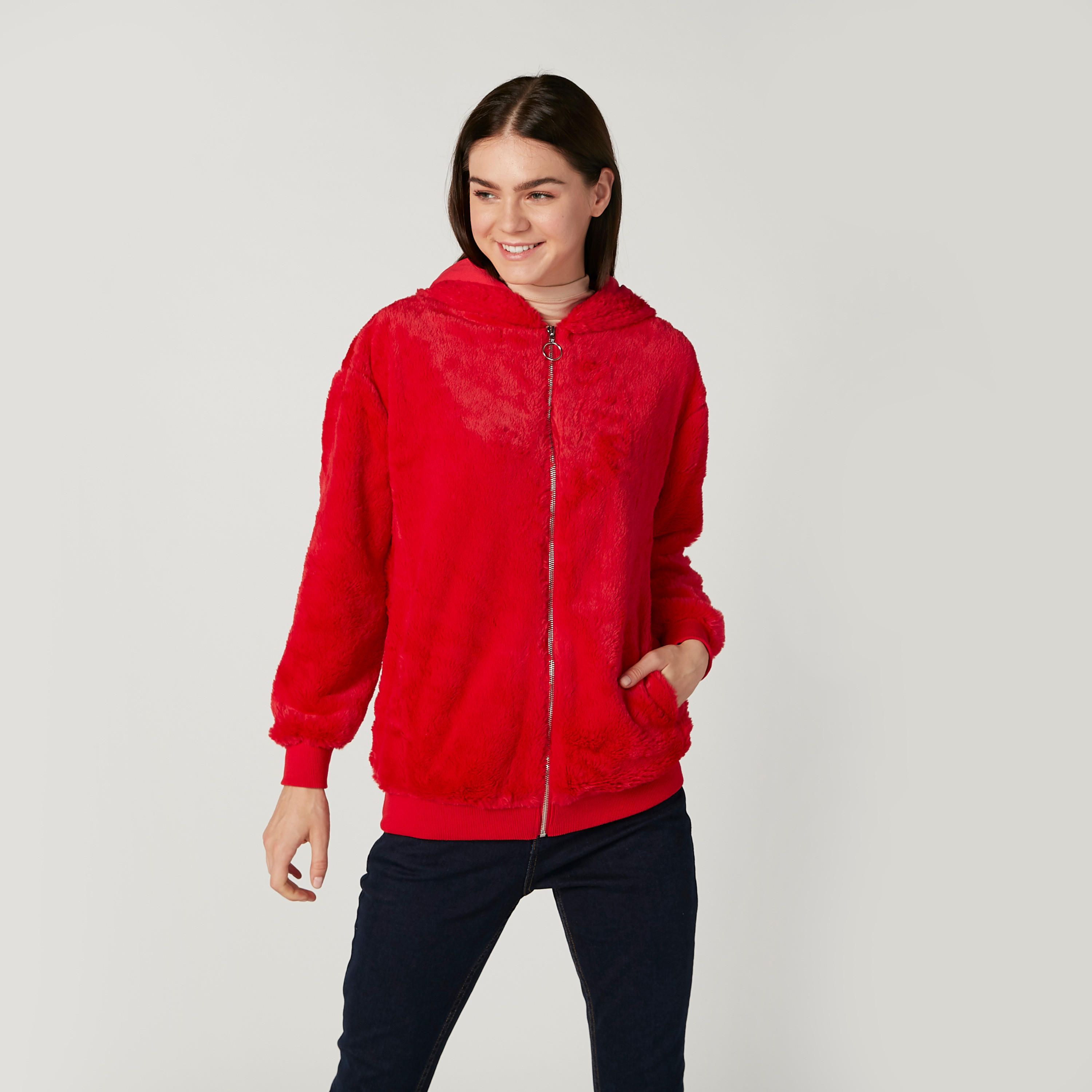 جاكيت بارز الملمس بأكمام طويلة وجيوب-women-winterwear-coatsandjackets-jackets-image-1
