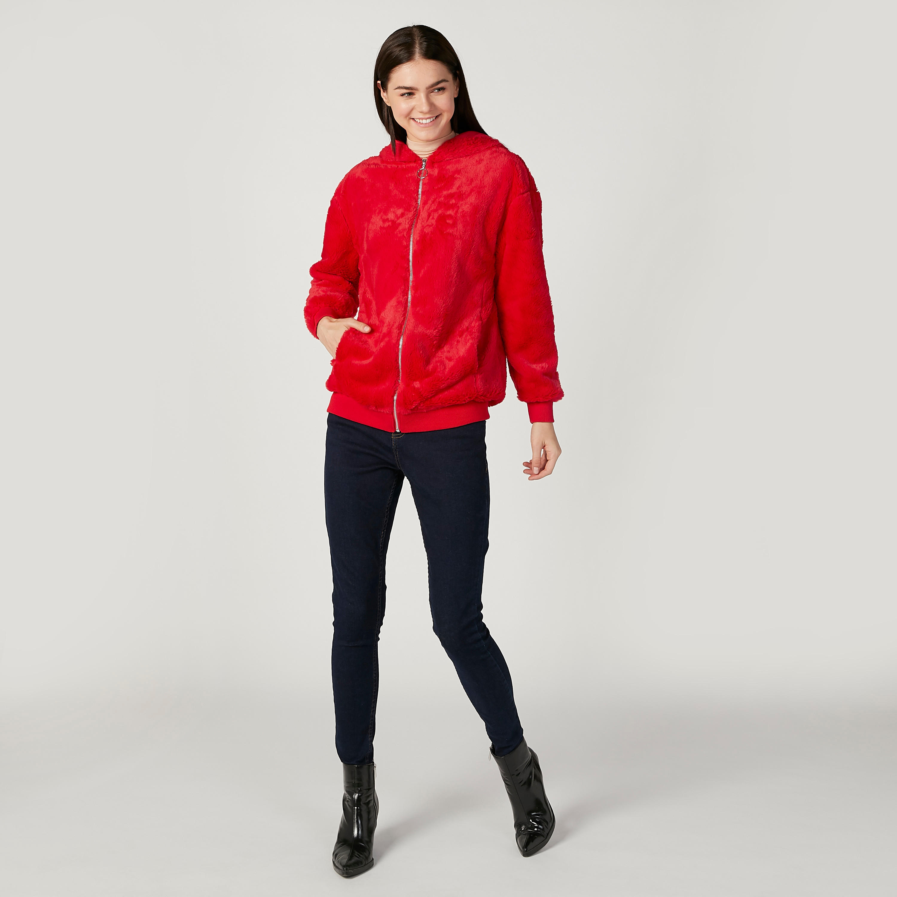 جاكيت بارز الملمس بأكمام طويلة وجيوب-women-winterwear-coatsandjackets-jackets-image-2