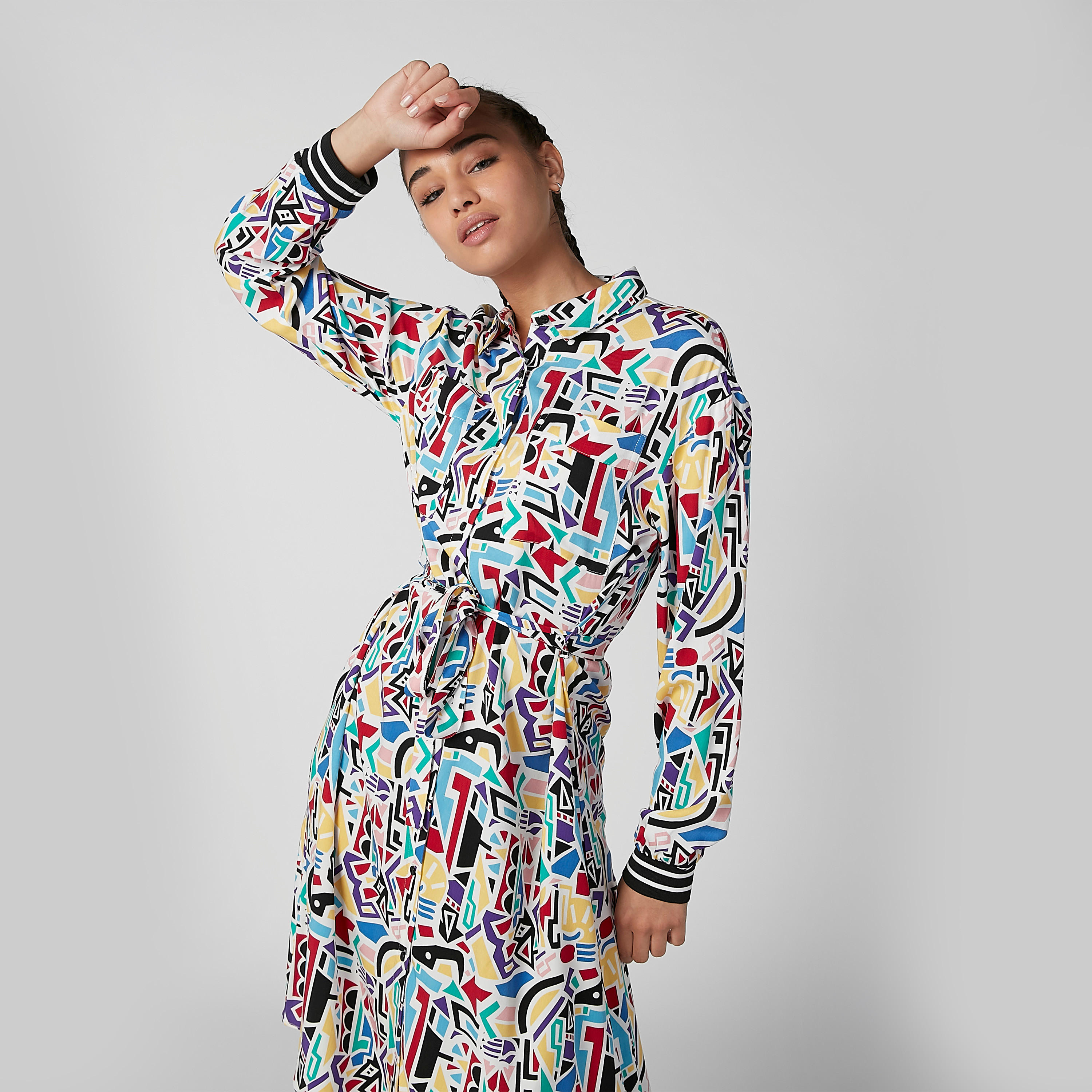 فستان قميص ميدي بأكمام طويلة وأربطة وطبعات-women-clothing-dresses-image-3