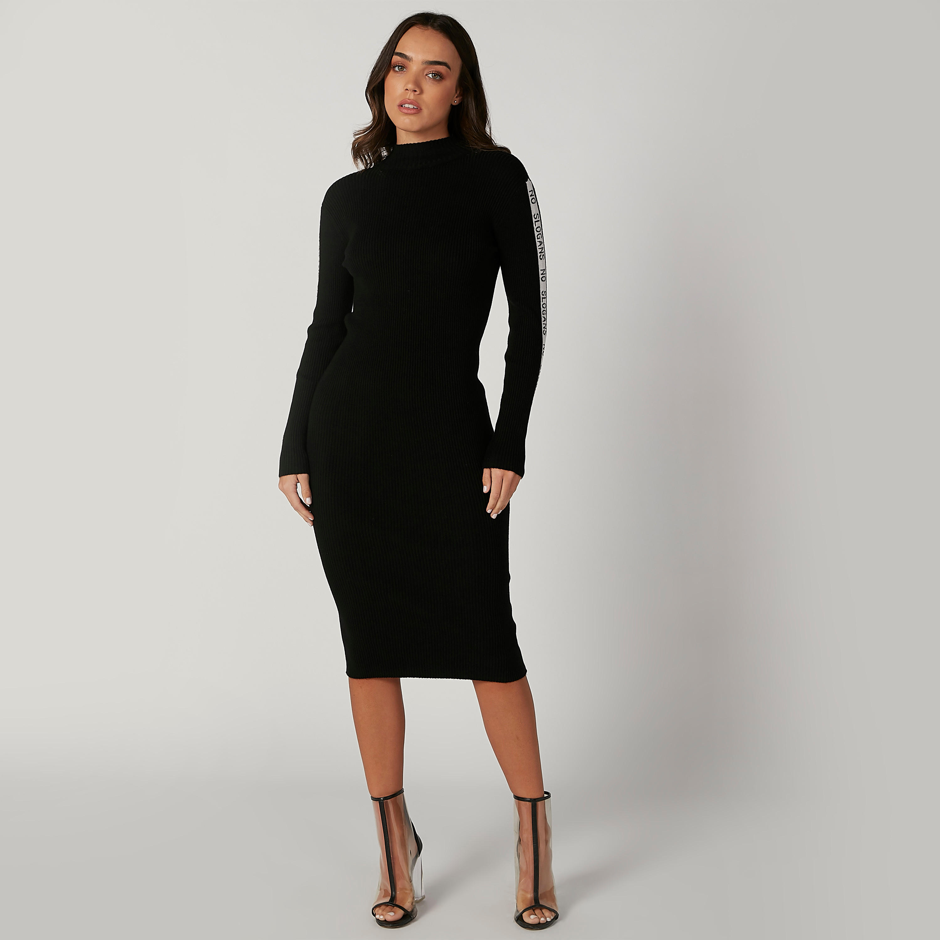 فستان ميدي بارز الملمس بقصّة ضيّقة وياقة عالية وأكمام طويلة بطبعات-women-clothing-dresses-image-1
