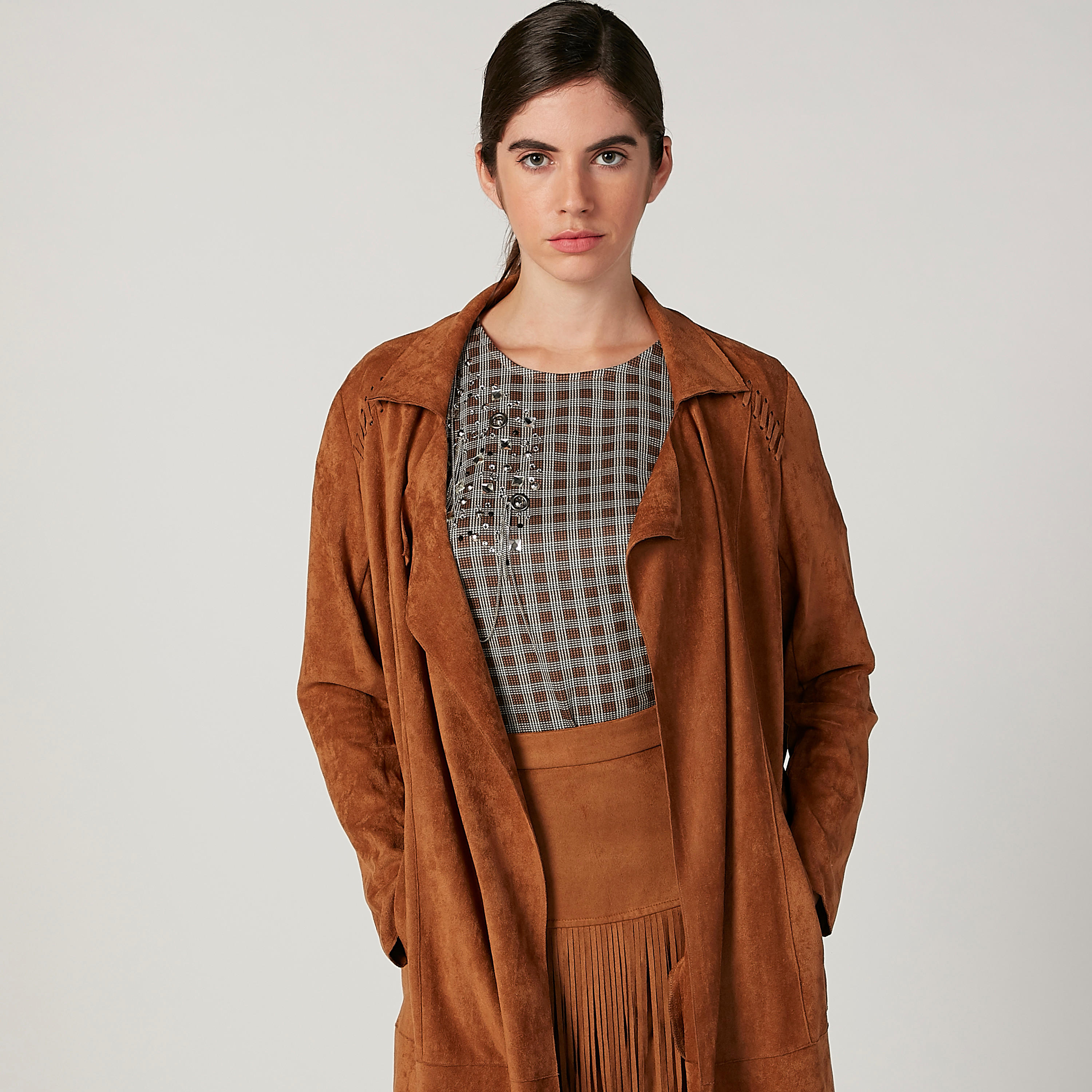 جاكيت طويل بارز الملمس بأكمام طويلة وشراشيب-women-winterwear-coatsandjackets-jackets-image-1