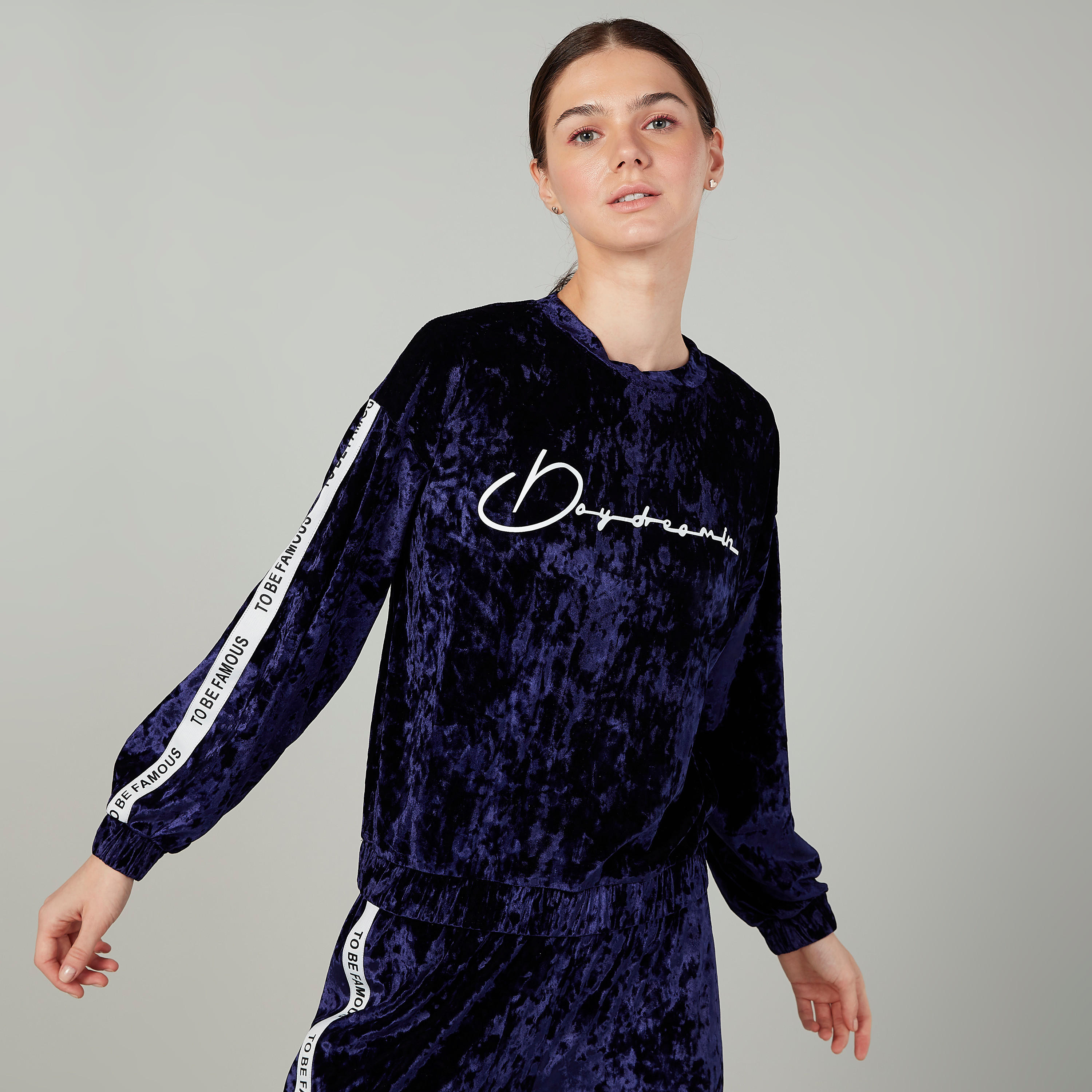 Textured Sweatshirt with Long Sleeves and Printed Tape Detail-women-winterwear-hoodiesandsweatshirts-sweatshirts-image-1