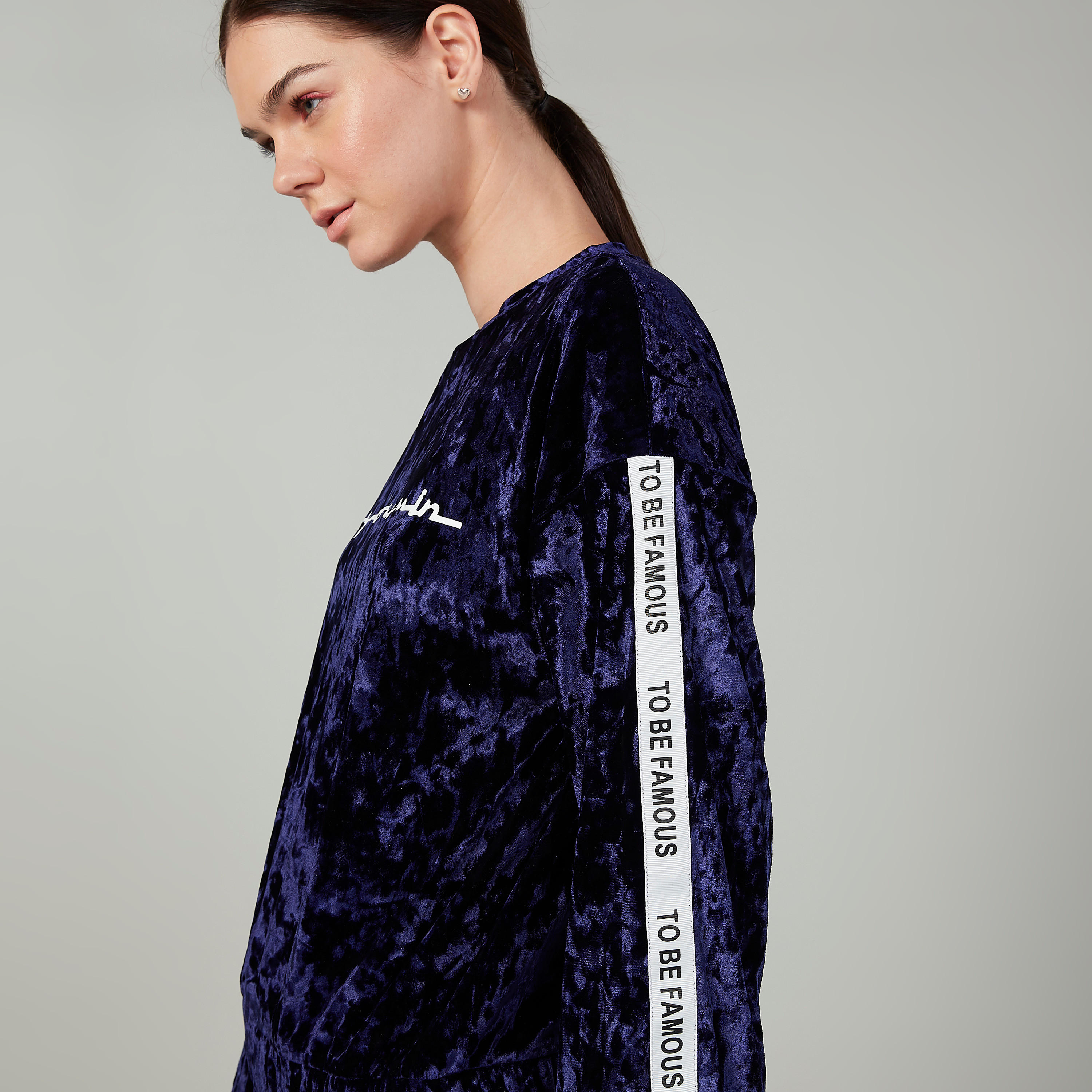 Textured Sweatshirt with Long Sleeves and Printed Tape Detail-women-winterwear-hoodiesandsweatshirts-sweatshirts-image-3