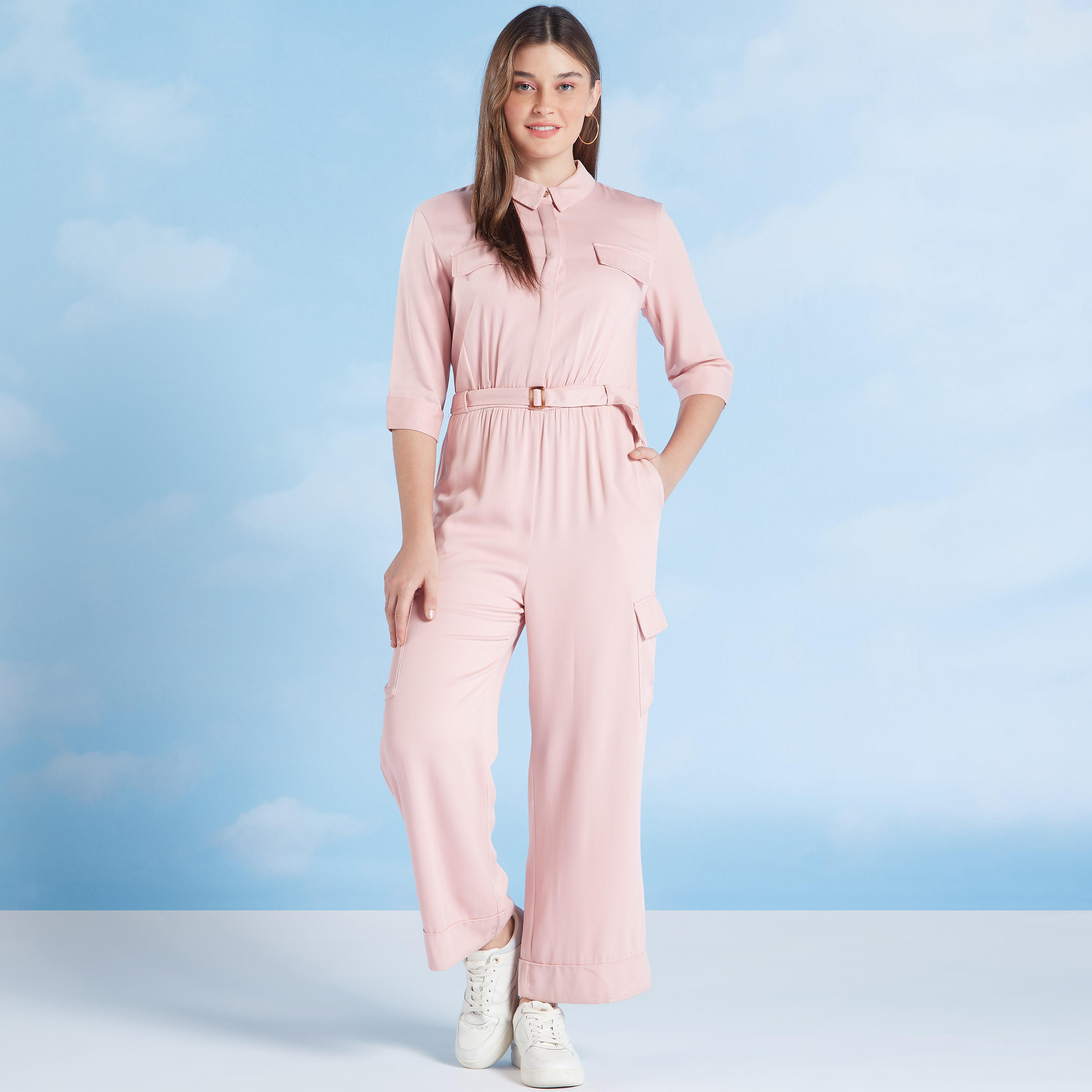 Plain Jumpsuit with 3/4 Sleeves and Flap Pockets-women-clothing-jumpsuits-image-1