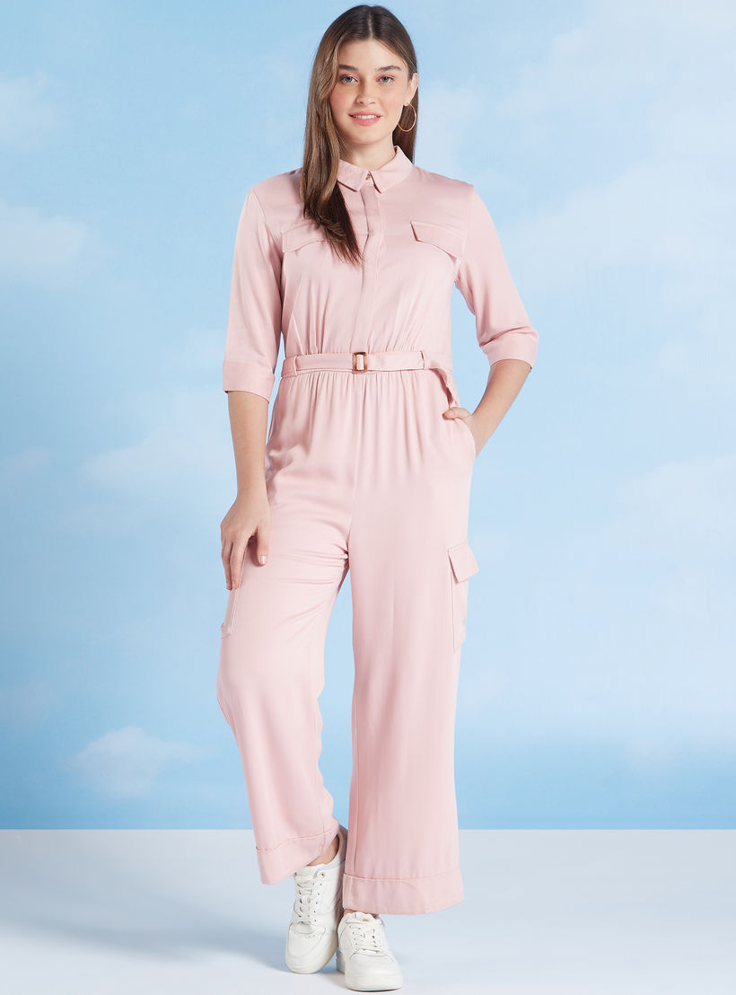 Plain Jumpsuit with 3/4 Sleeves and Flap Pockets-women-clothing-jumpsuits-image-1