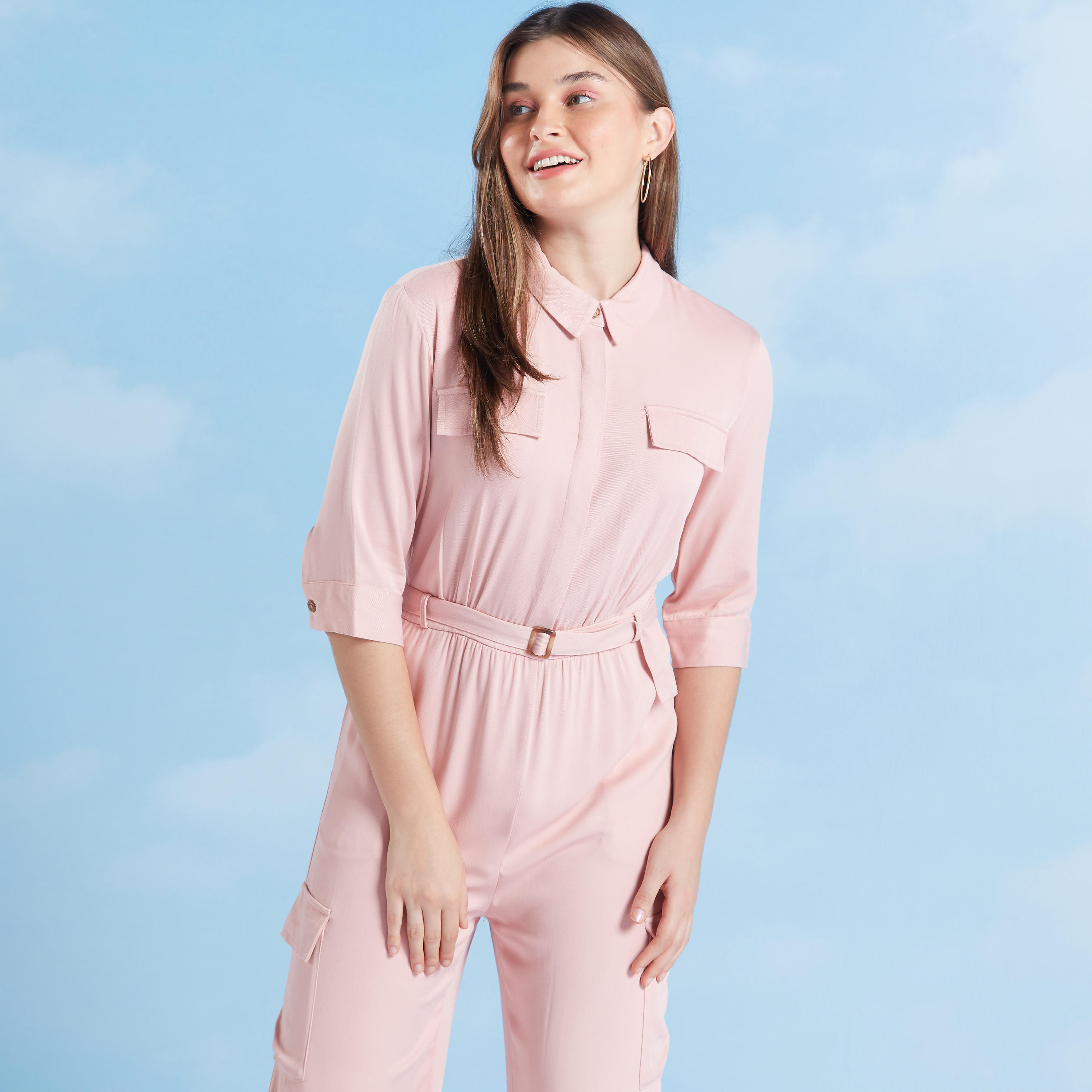 Plain Jumpsuit with 3/4 Sleeves and Flap Pockets-women-clothing-jumpsuits-image-5