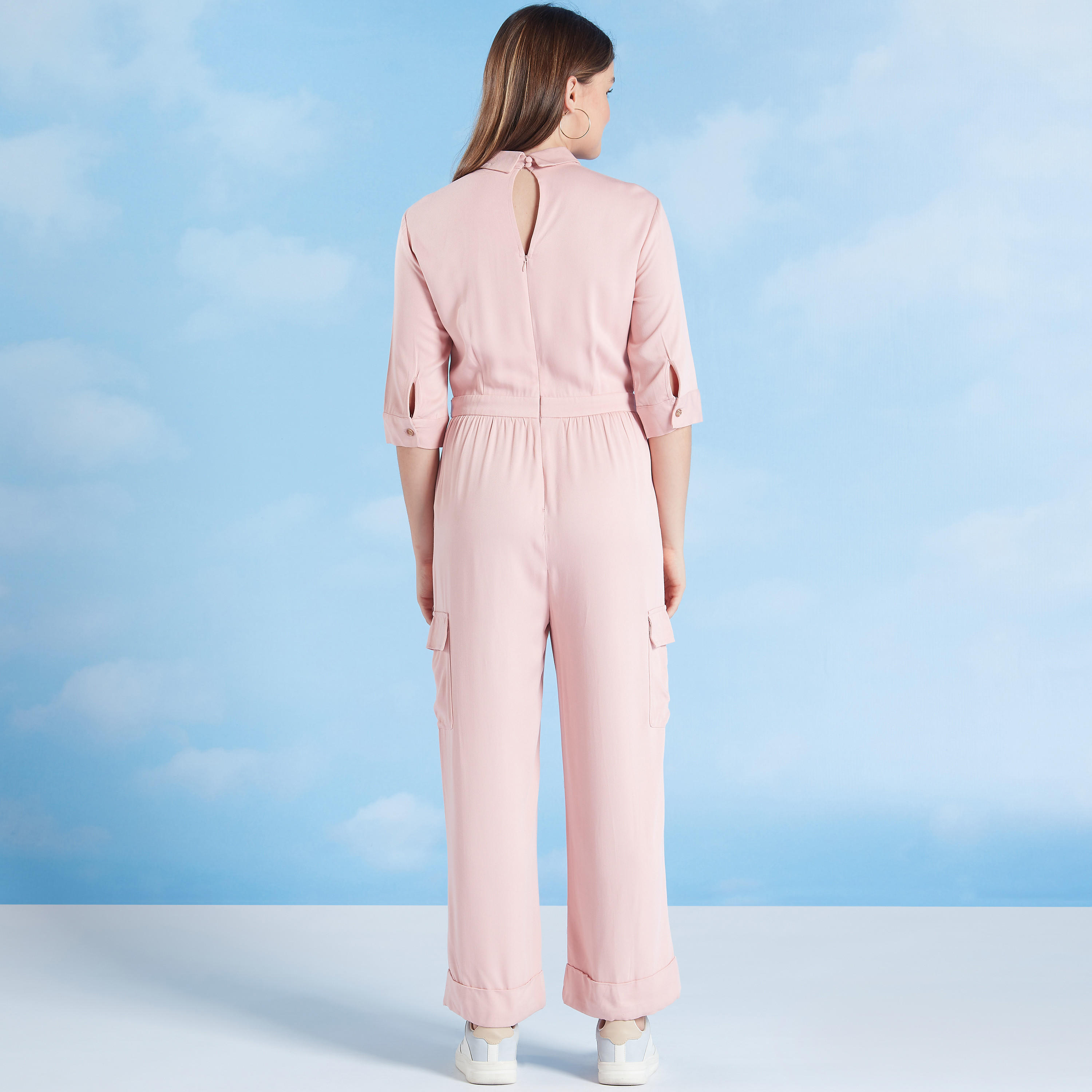 Plain Jumpsuit with 3/4 Sleeves and Flap Pockets-women-clothing-jumpsuits-image-6
