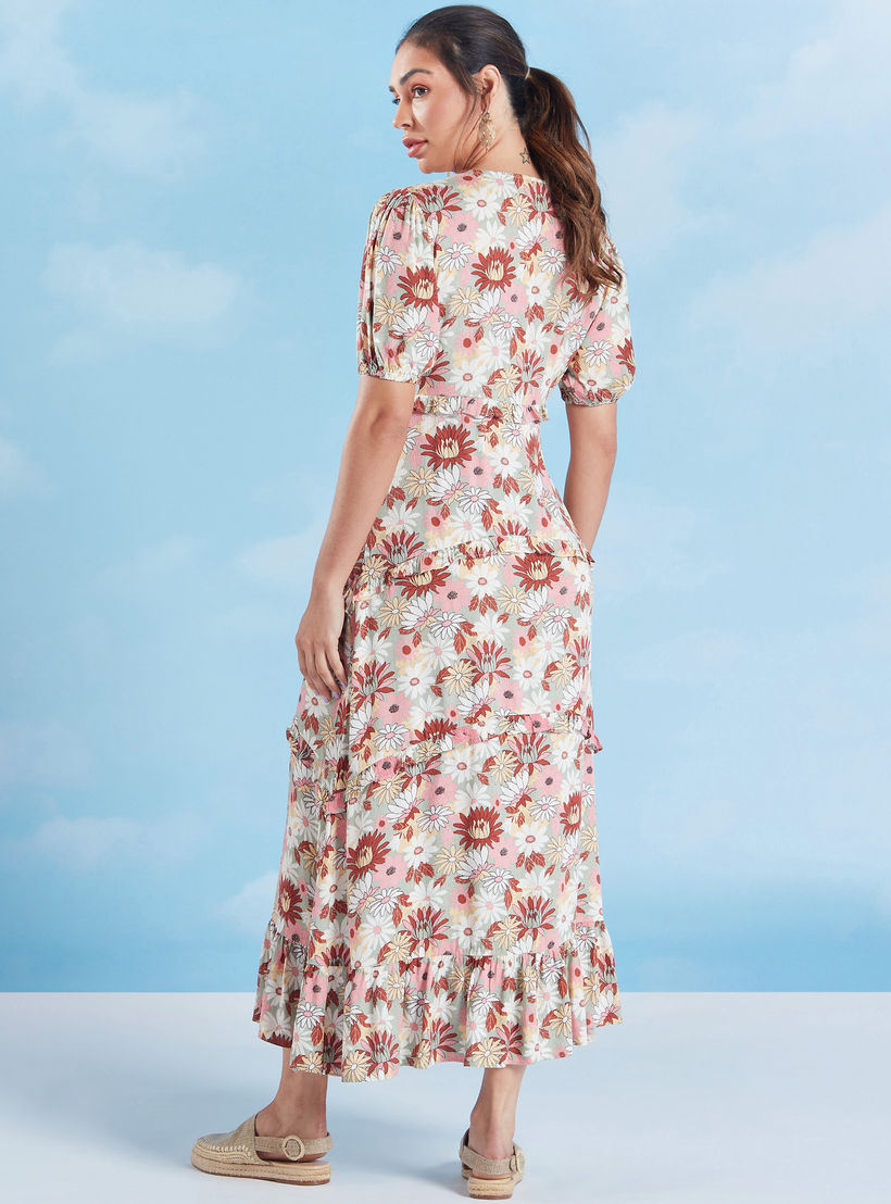 فستان ميدي ايه لاين بياقة V وأكمام قصيرة وطبعات زهرية-women-clothing-dresses-image-5