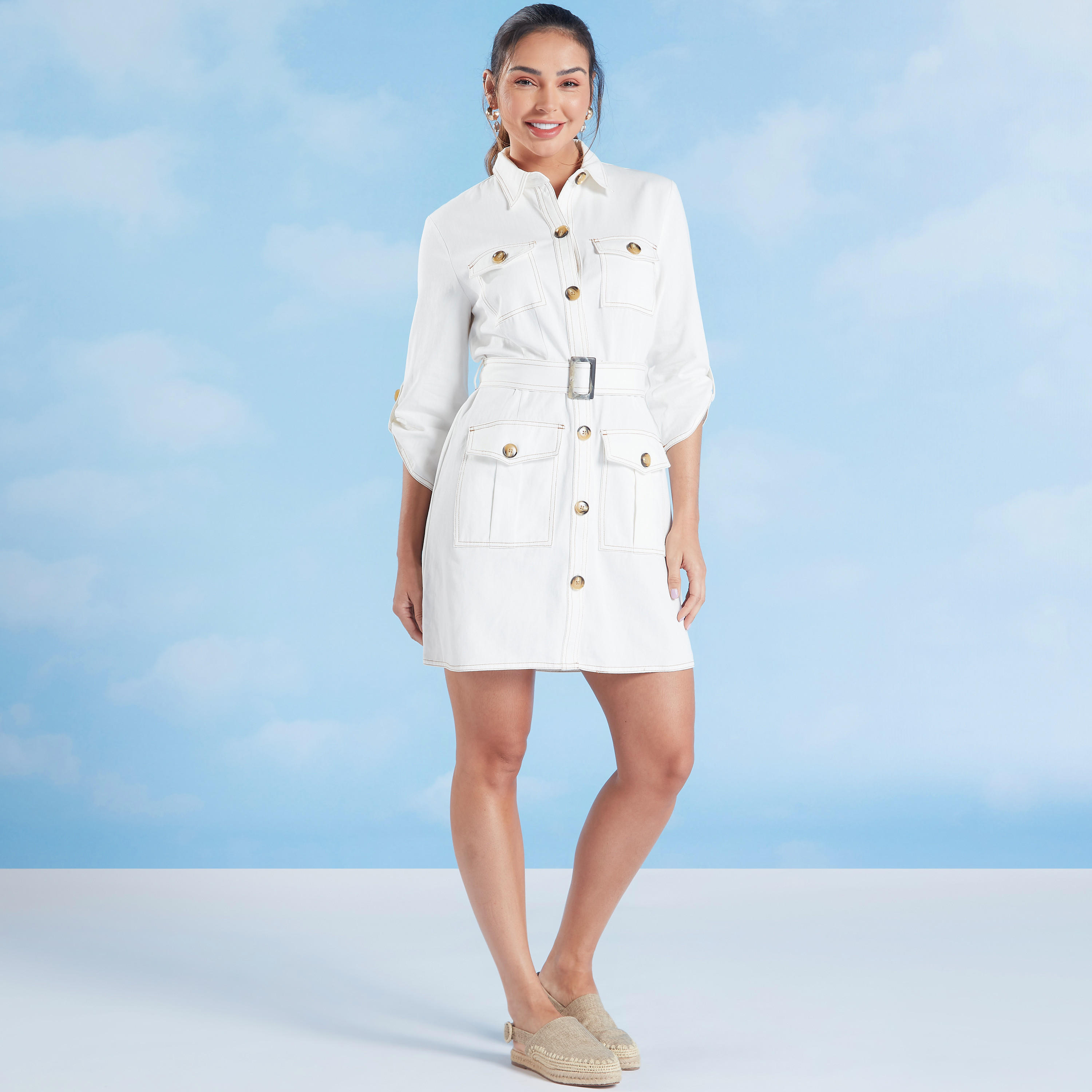 فستان قميص قصير سادة بأكمام3/4 وجيوب-women-clothing-dresses-image-2