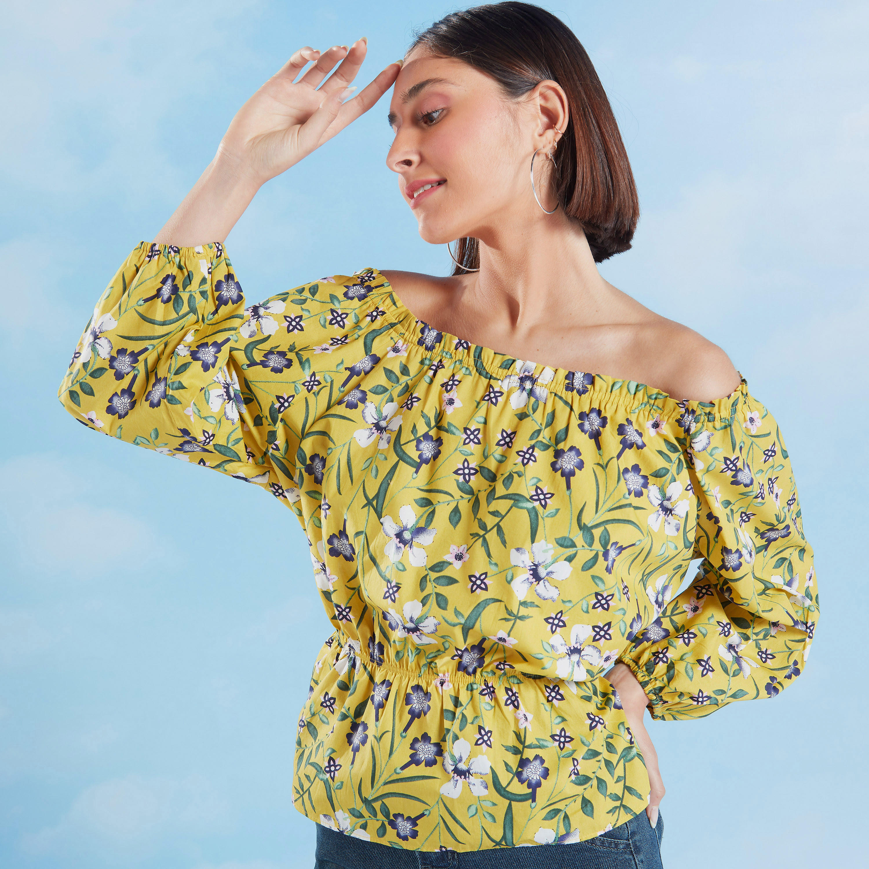 بلوزة مكشوفة الأكتاف بأكمام طويلة بدرزات وطبعات زهرية-women-clothing-shirtsandblouses-blouses-image-1
