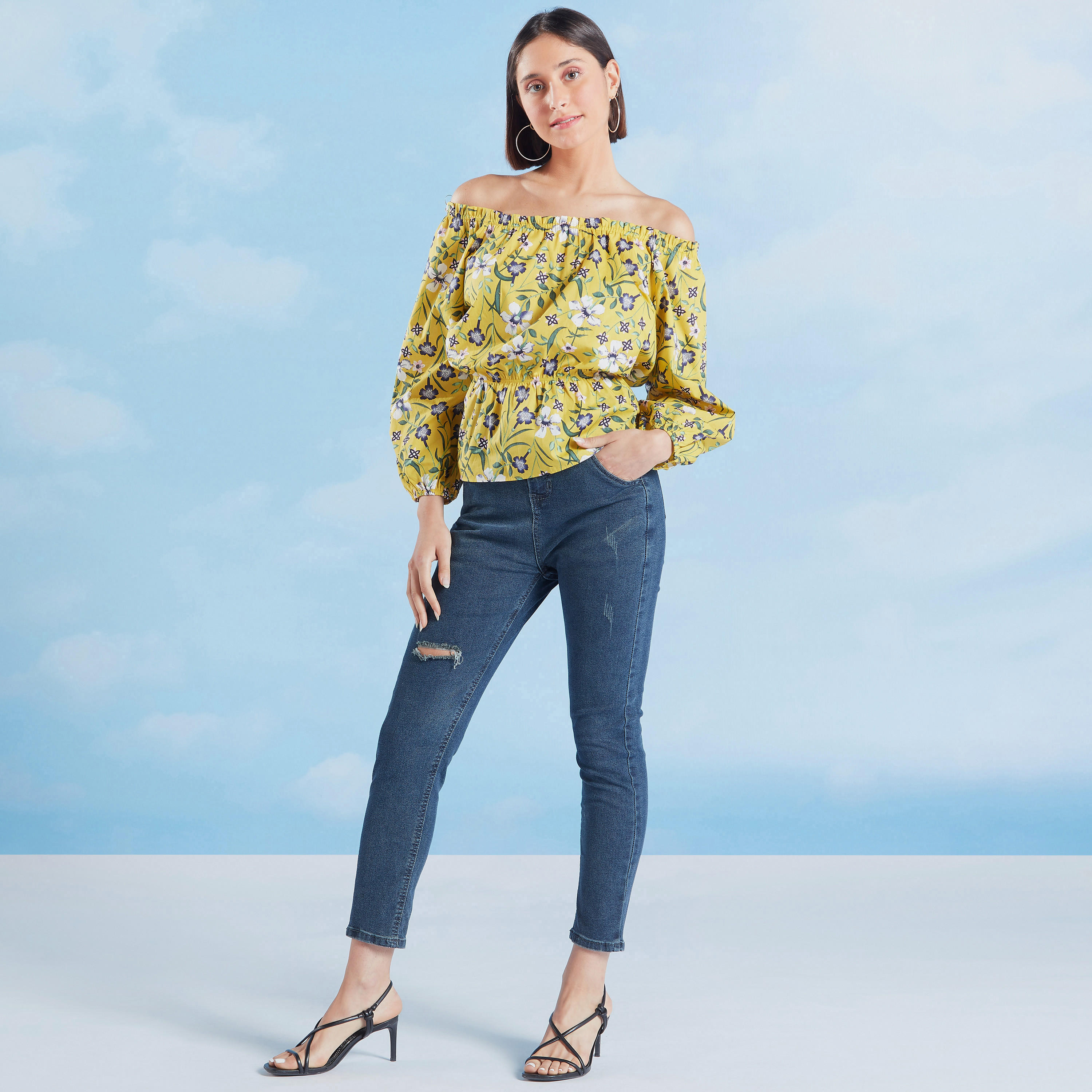 بلوزة مكشوفة الأكتاف بأكمام طويلة بدرزات وطبعات زهرية-women-clothing-shirtsandblouses-blouses-image-2
