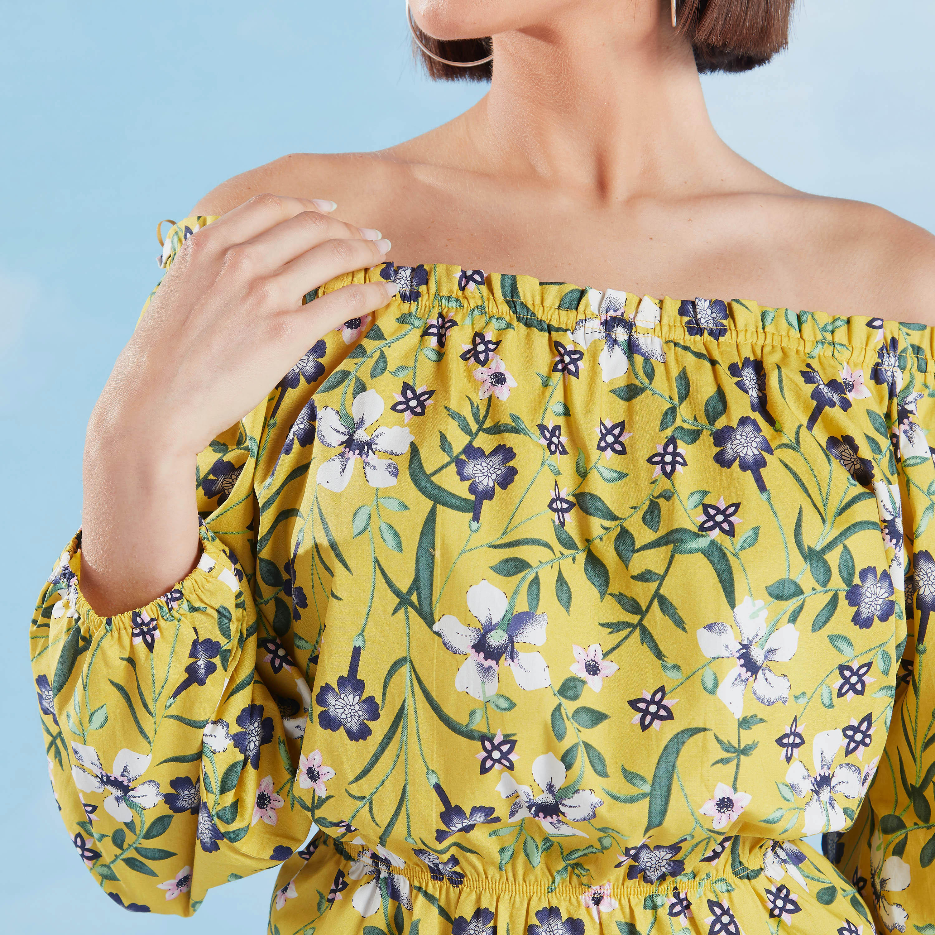 بلوزة مكشوفة الأكتاف بأكمام طويلة بدرزات وطبعات زهرية-women-clothing-shirtsandblouses-blouses-image-3