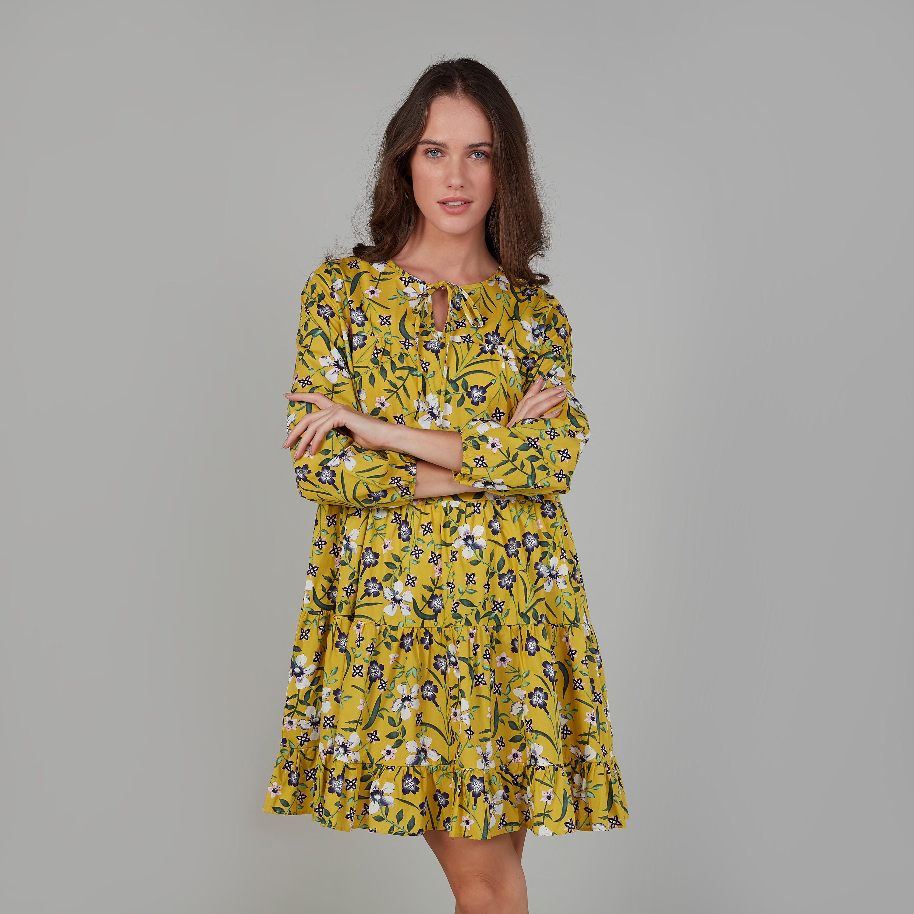 فستان إيه لاين متوسط الطول بأكمام طويلة وأربطة وطبعات زهرية-women-clothing-dresses-image-1