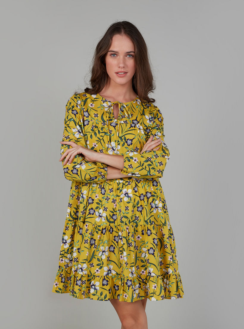 فستان إيه لاين متوسط الطول بأكمام طويلة وأربطة وطبعات زهرية-women-clothing-dresses-image-1