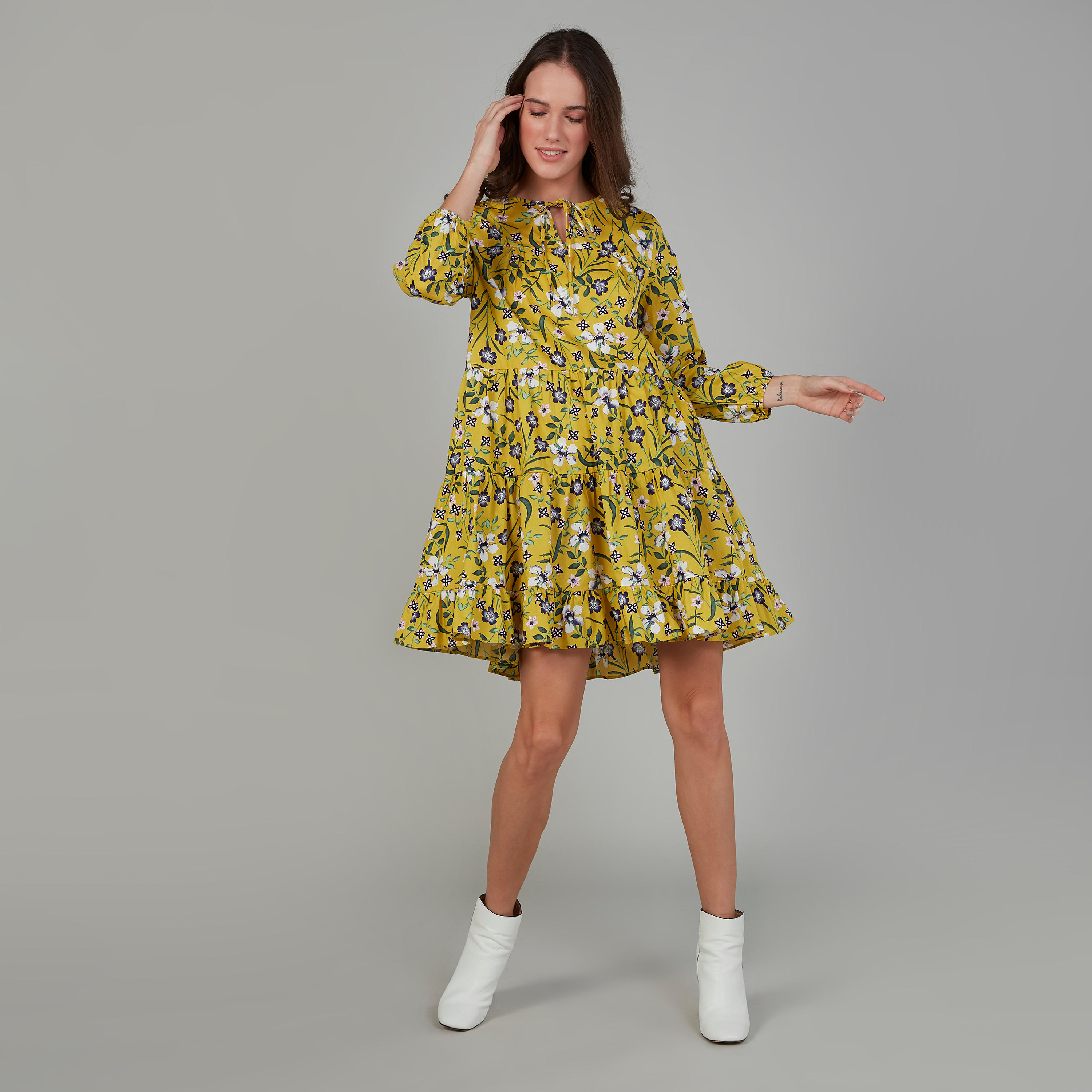 فستان إيه لاين متوسط الطول بأكمام طويلة وأربطة وطبعات زهرية-women-clothing-dresses-image-2