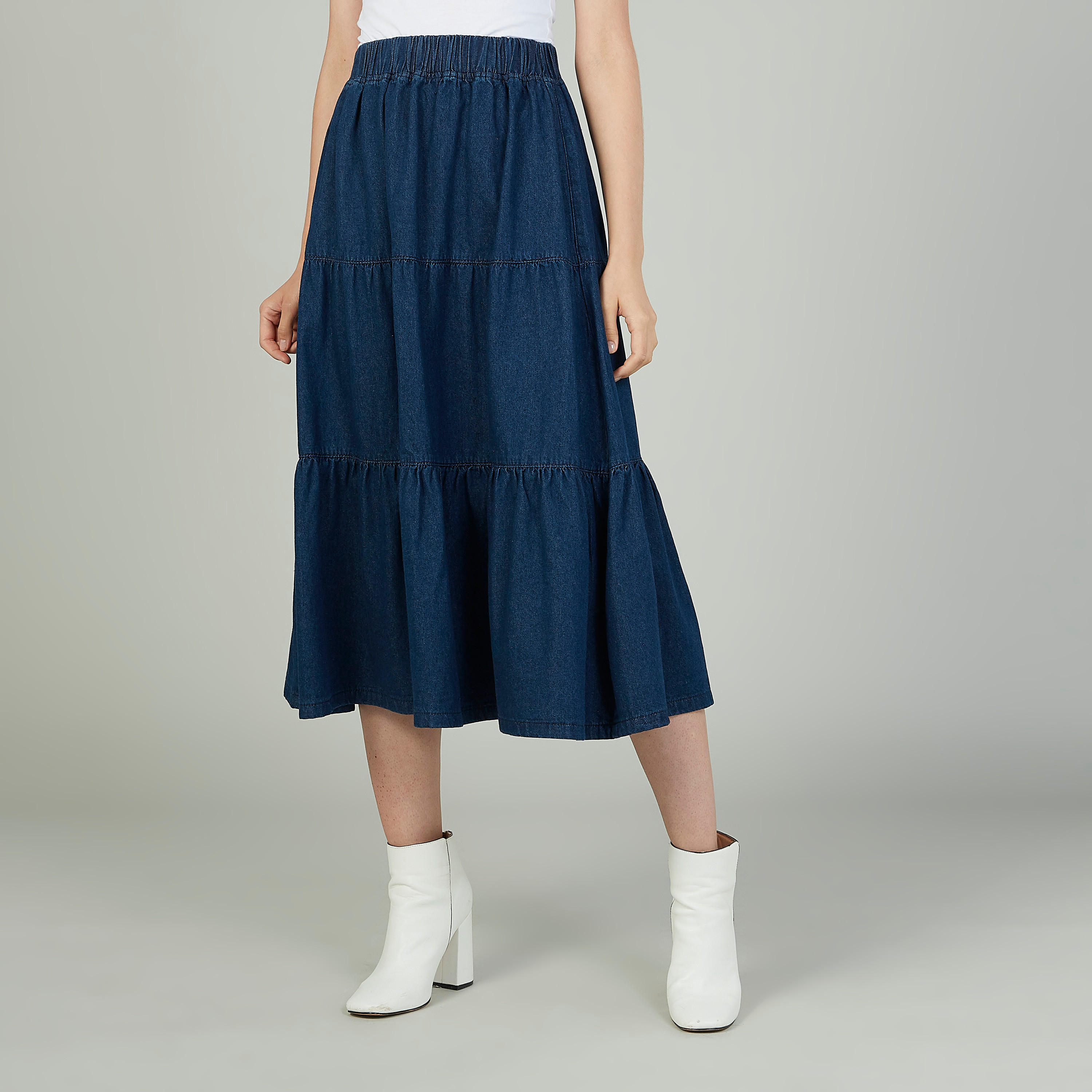 Plain Midi A-line Skirt with Elasticised Waistband-women-clothing-bottoms-skirts-image-1