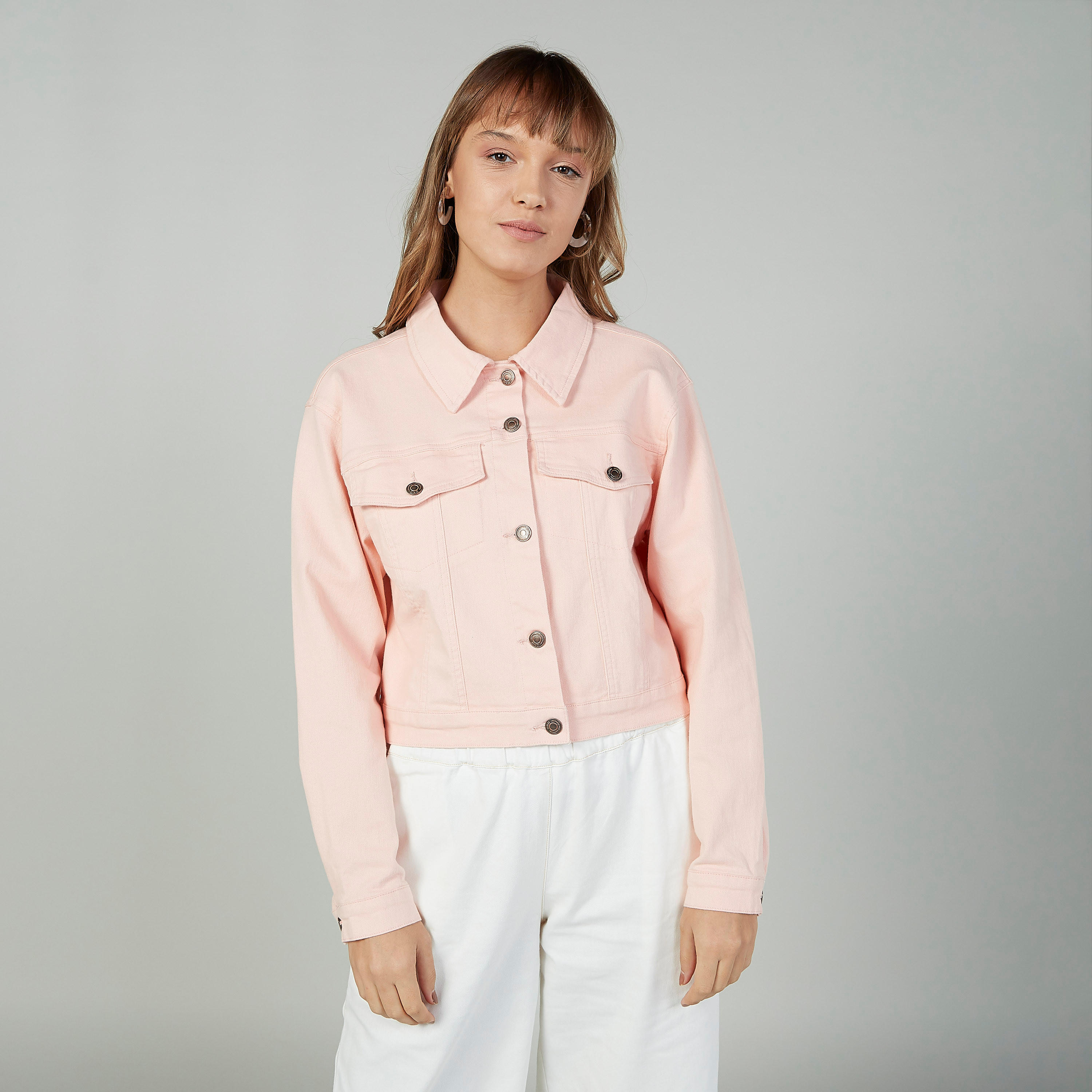 Plain Denim Jacket with Long Sleeves and Flap Pockets-women-winterwear-coatsandjackets-jackets-image-1