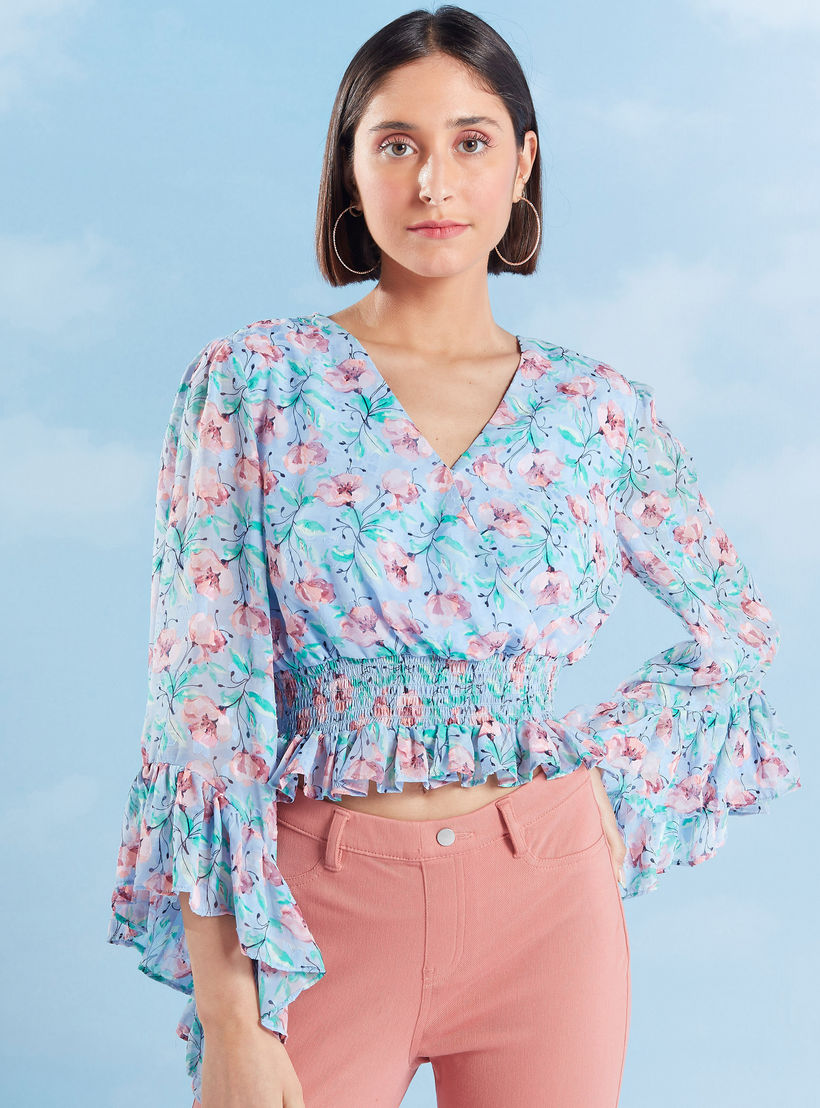 بلوزة قصيرة بياقة V ودرزات طبعات زهرية-women-clothing-shirtsandblouses-blouses-image-1