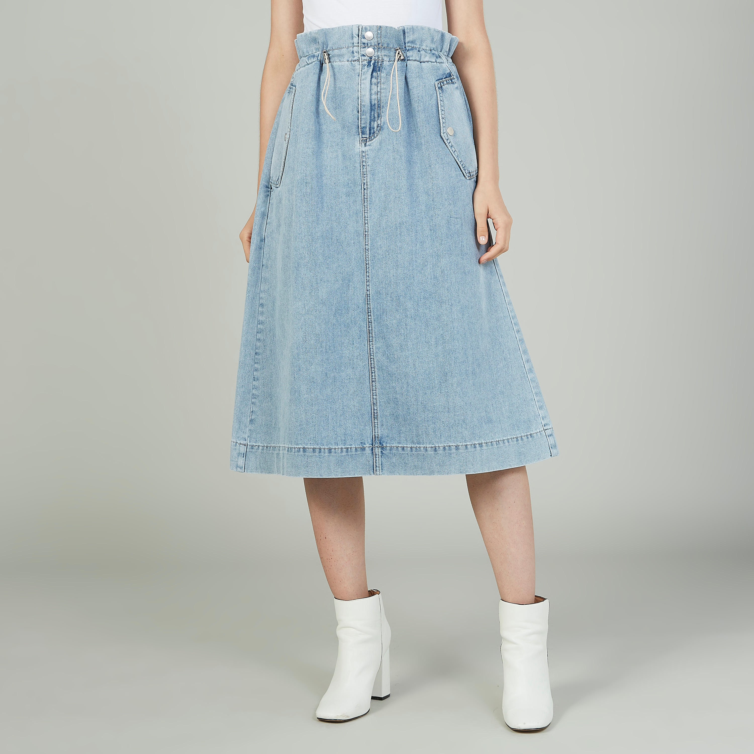تنورة سادة إيه لاين متوسطة الطول بجيوب وخصر بيبرباج-women-clothing-bottoms-skirts-image-1