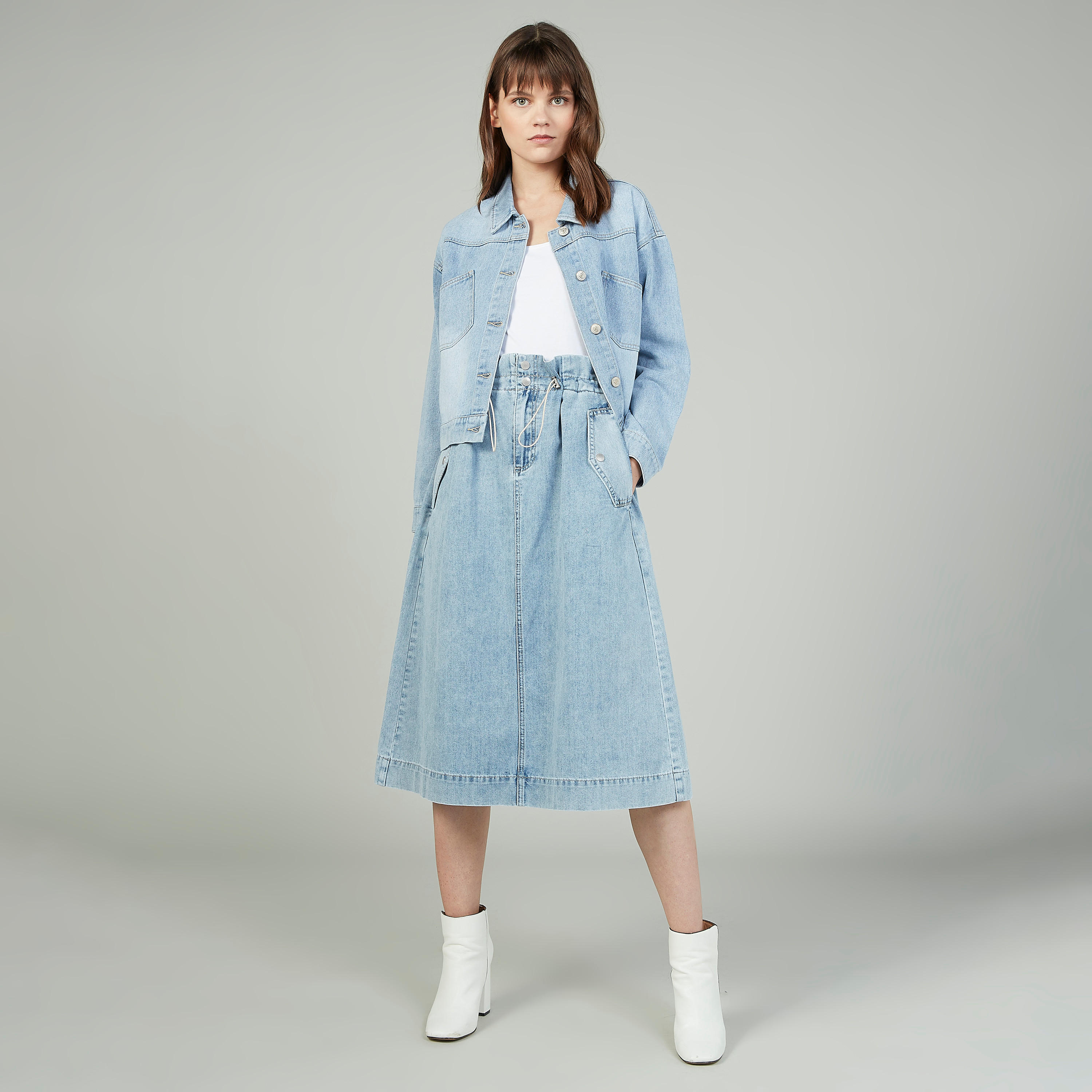 تنورة سادة إيه لاين متوسطة الطول بجيوب وخصر بيبرباج-women-clothing-bottoms-skirts-image-2