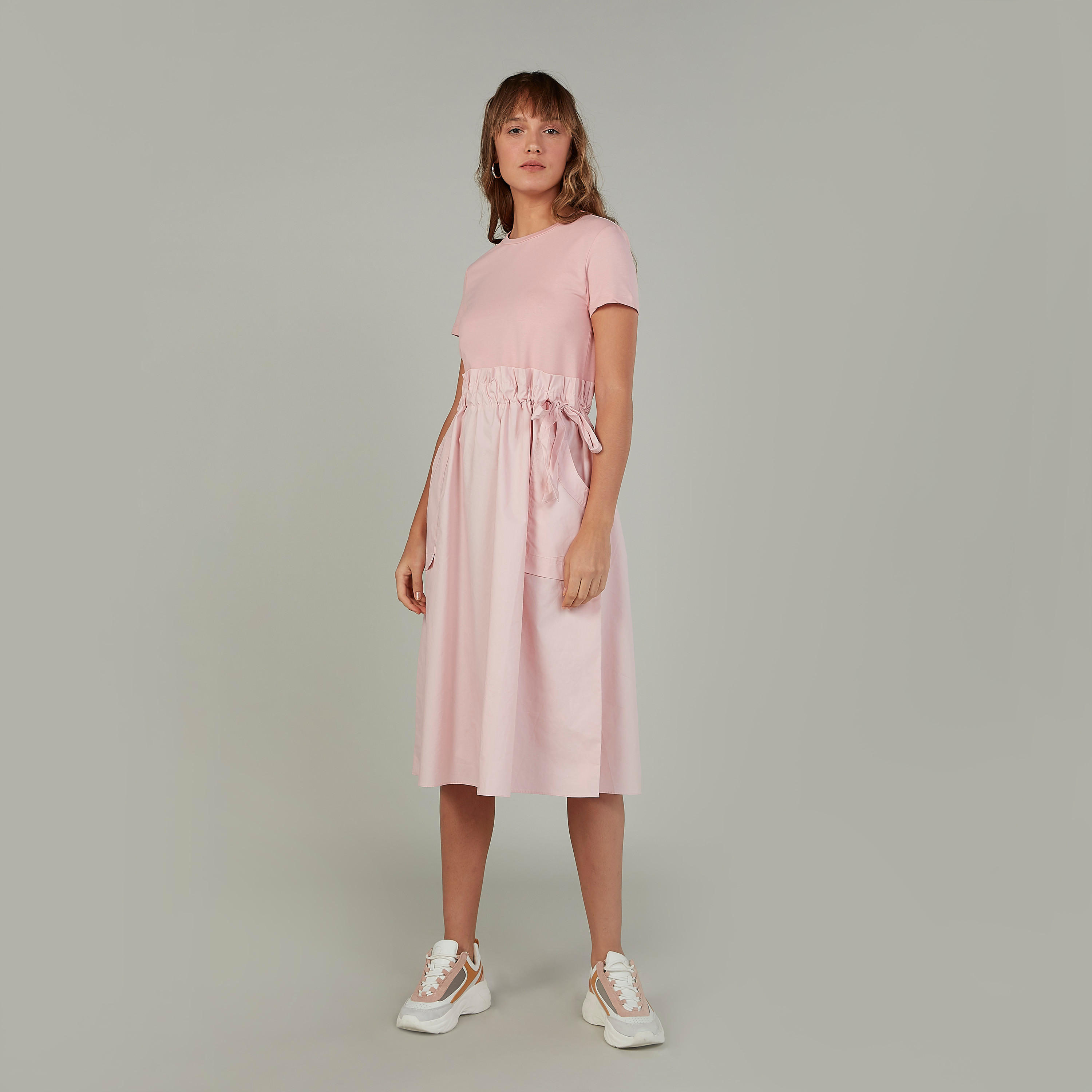 فستان إيه لاين سادة متوسط الطول بدرزات وجيوب-women-clothing-dresses-image-1