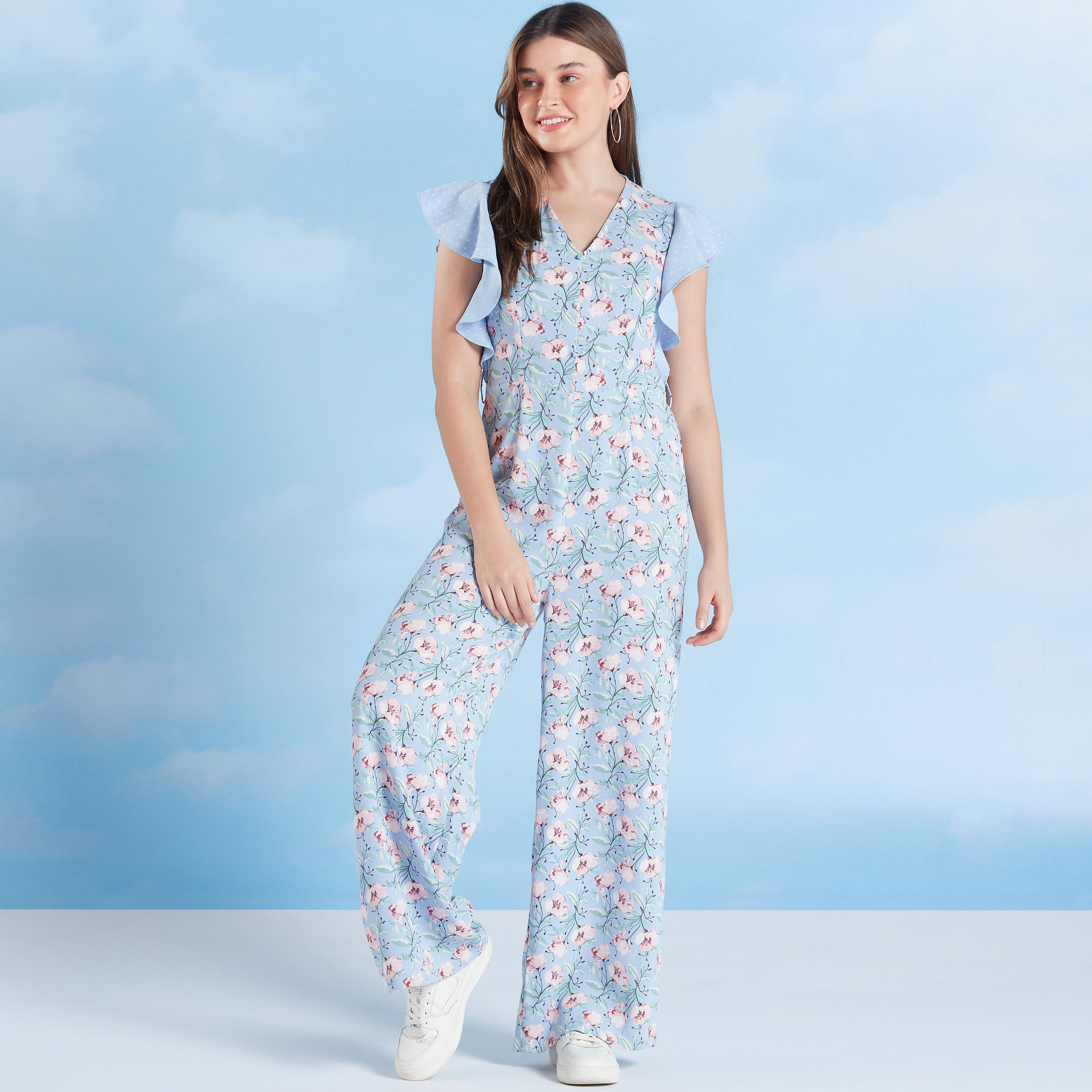 Floral Print Jumpsuit with V-neck and Tie Ups-women-clothing-jumpsuits-image-1