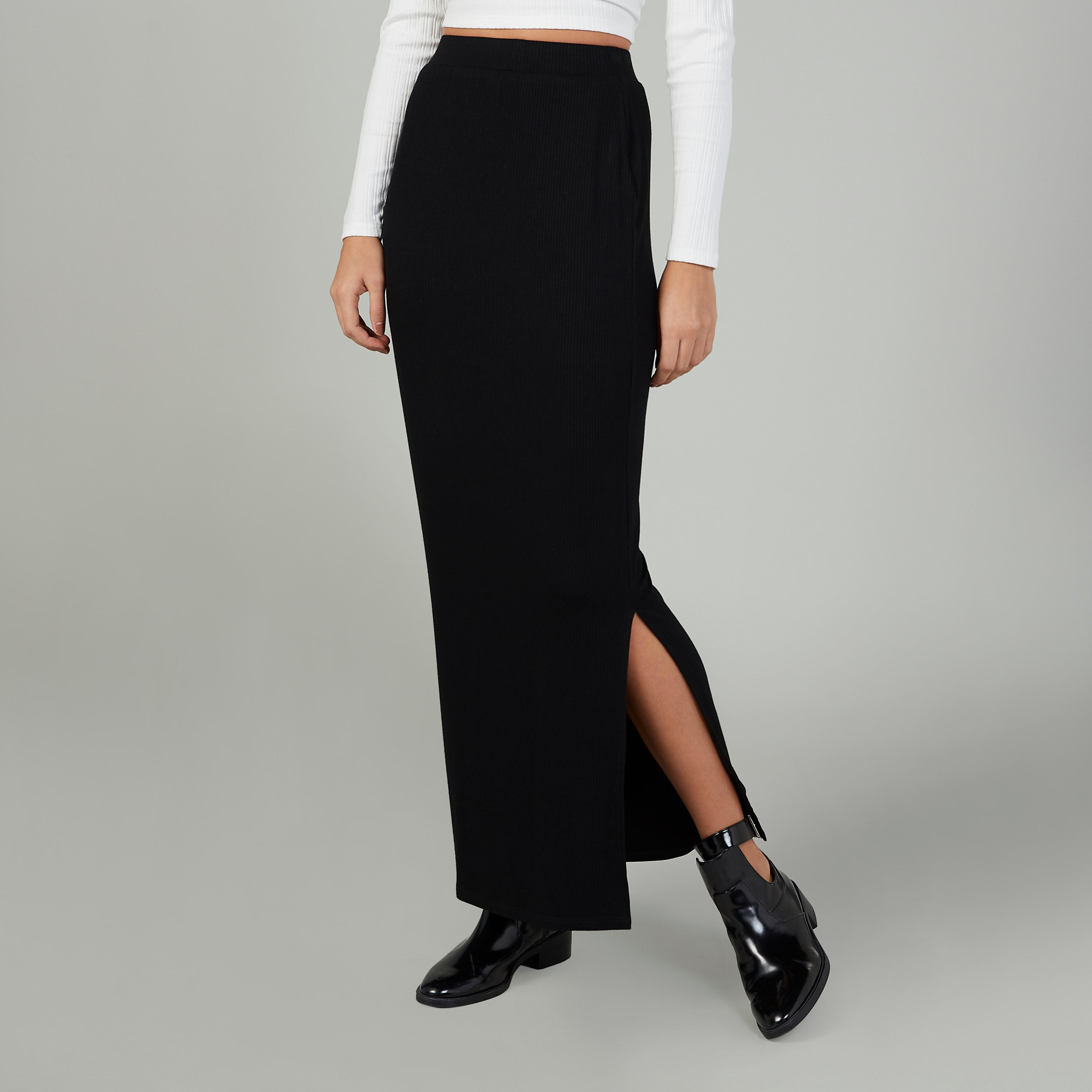 تنورة ماكسي ضيّقة سادة بخصر مطّاطي وفتحة جانبية-women-clothing-bottoms-skirts-image-1
