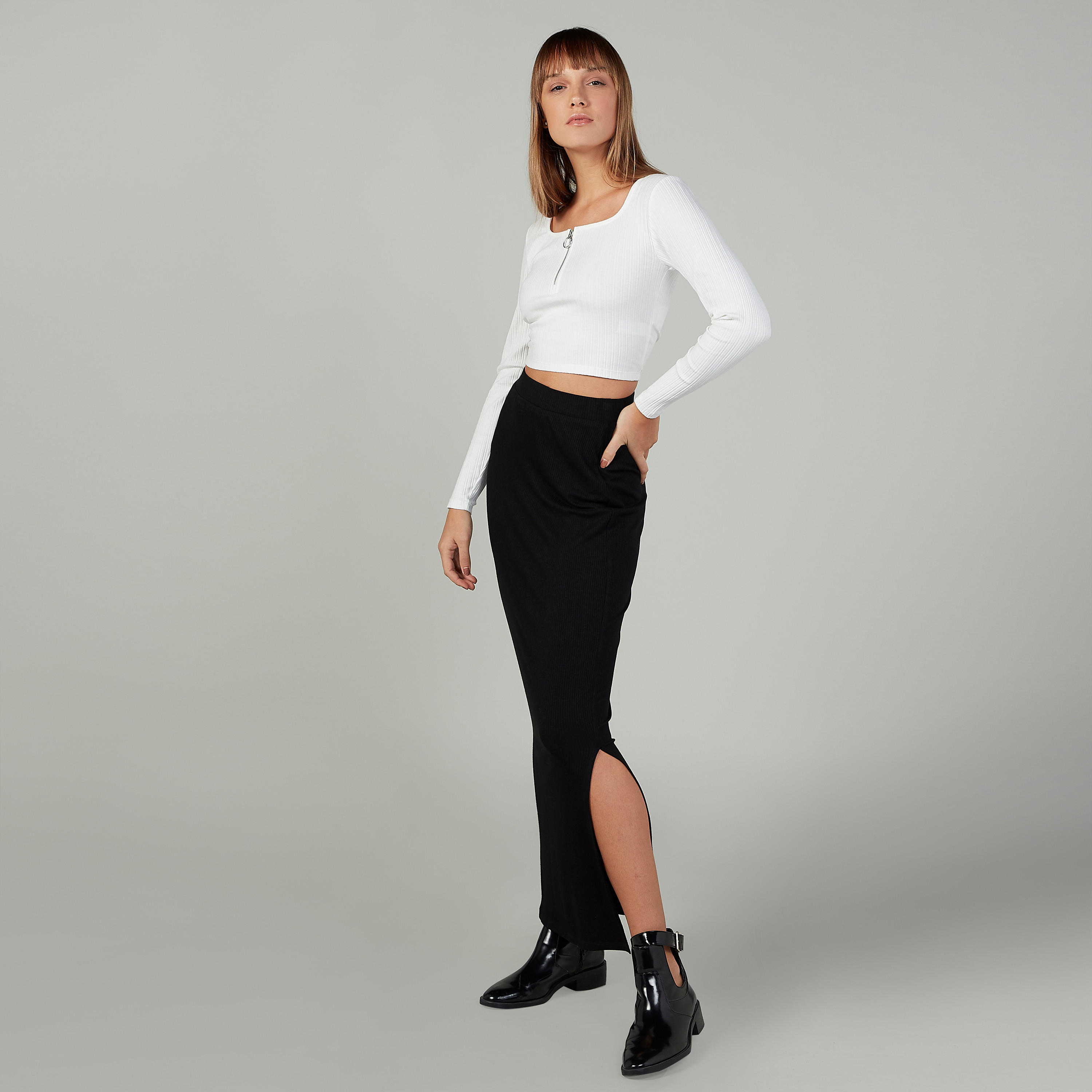 تنورة ماكسي ضيّقة سادة بخصر مطّاطي وفتحة جانبية-women-clothing-bottoms-skirts-image-2