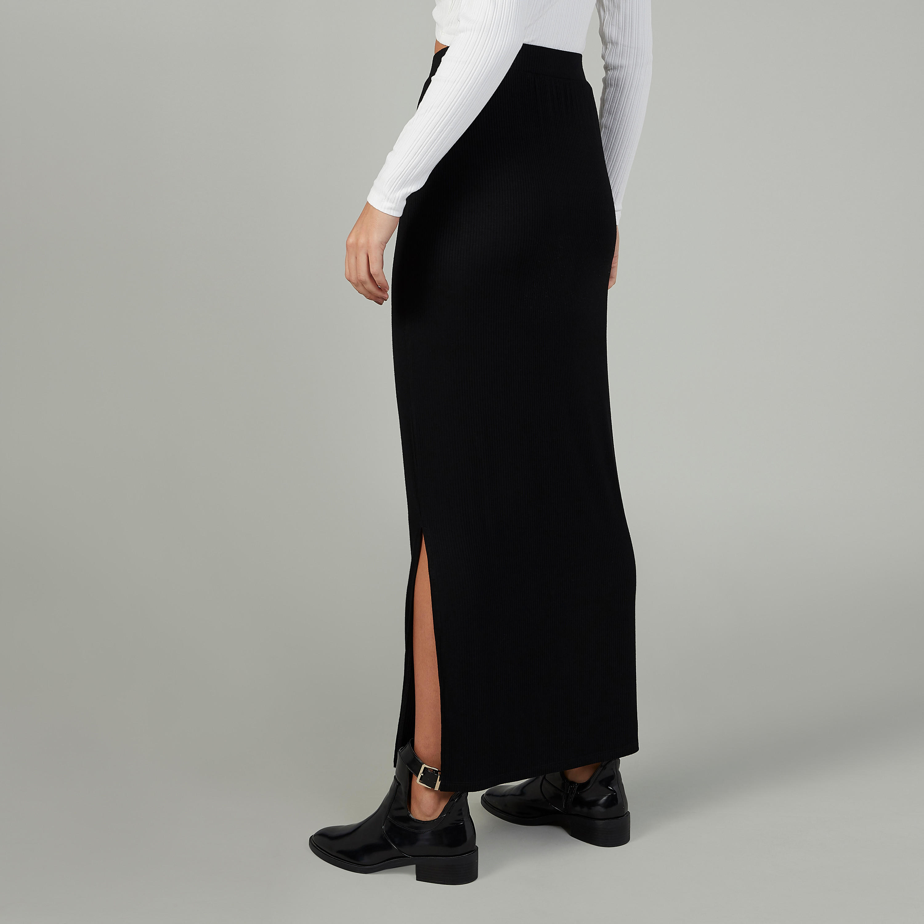 تنورة ماكسي ضيّقة سادة بخصر مطّاطي وفتحة جانبية-women-clothing-bottoms-skirts-image-4