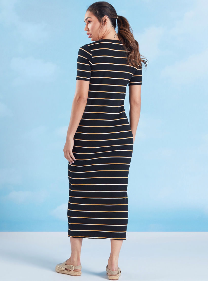 فستان إيه لاين ميدي مقلّم بياقة مستديرة وأكمام قصيرة-women-clothing-dresses-image-4