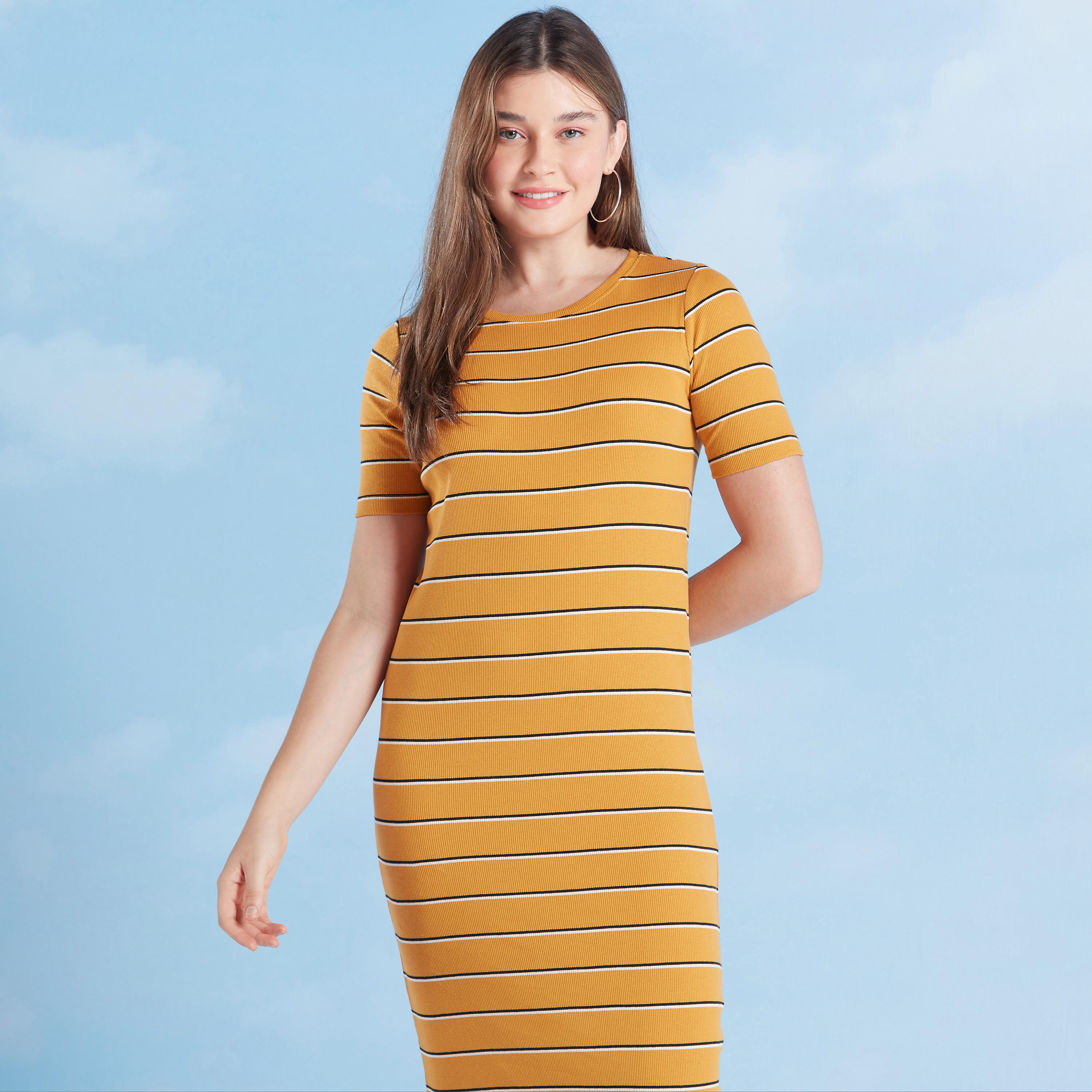 فستان إيه لاين ميدي مقلّم بياقة مستديرة وأكمام قصيرة-women-clothing-dresses-image-2