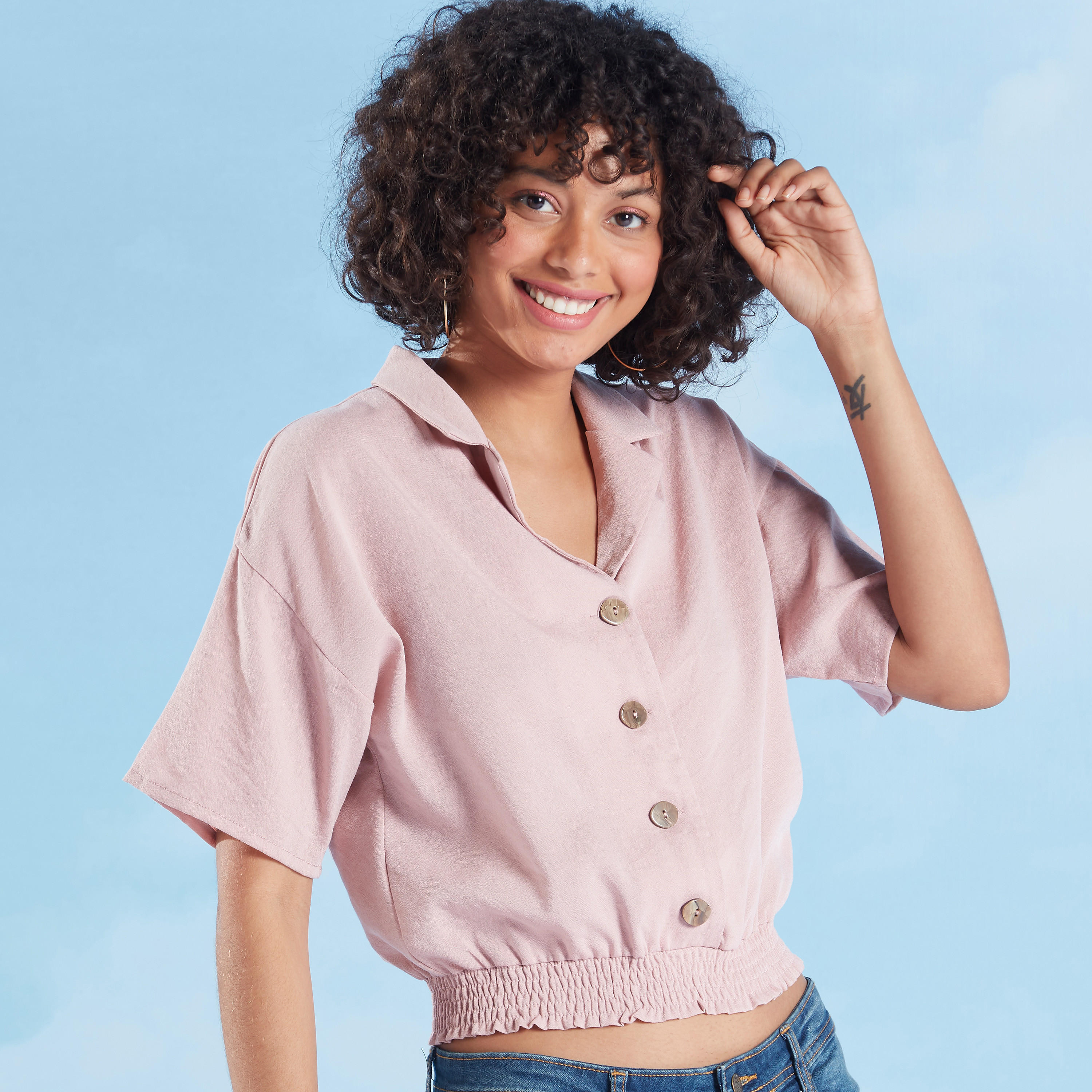 Plain Top with Notched Lapel and Short Sleeves-women-clothing-shirtsandblouses-blouses-image-1