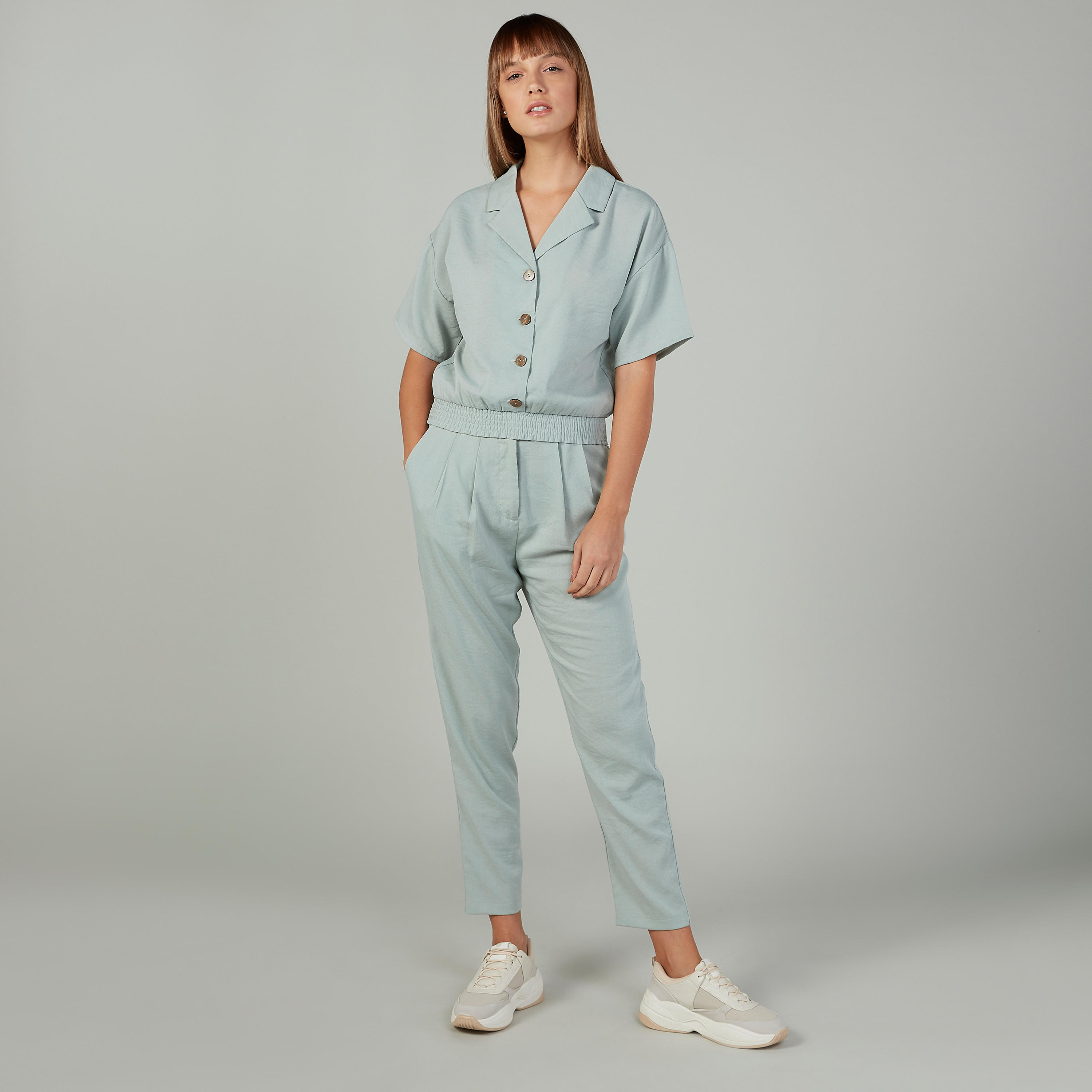بنطلون واسع الساقين سادة بخصر متوسط الارتفاع وجيوب وأربطة-women-clothing-bottoms-trousers-image-2
