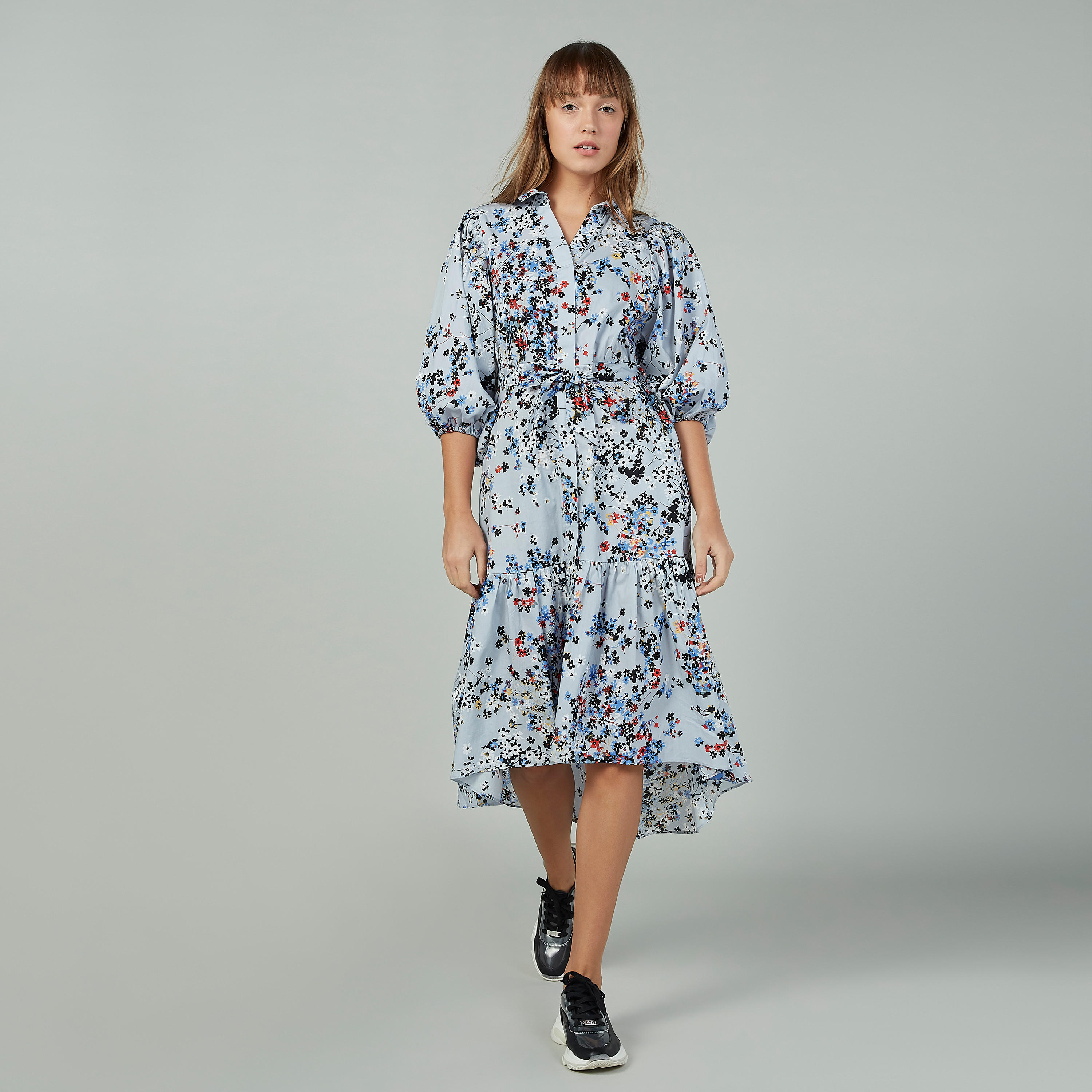فستان متوسط الطول بأكمام 3/4 وحواف غير مستوية وطبعات زهرية-women-clothing-dresses-image-1