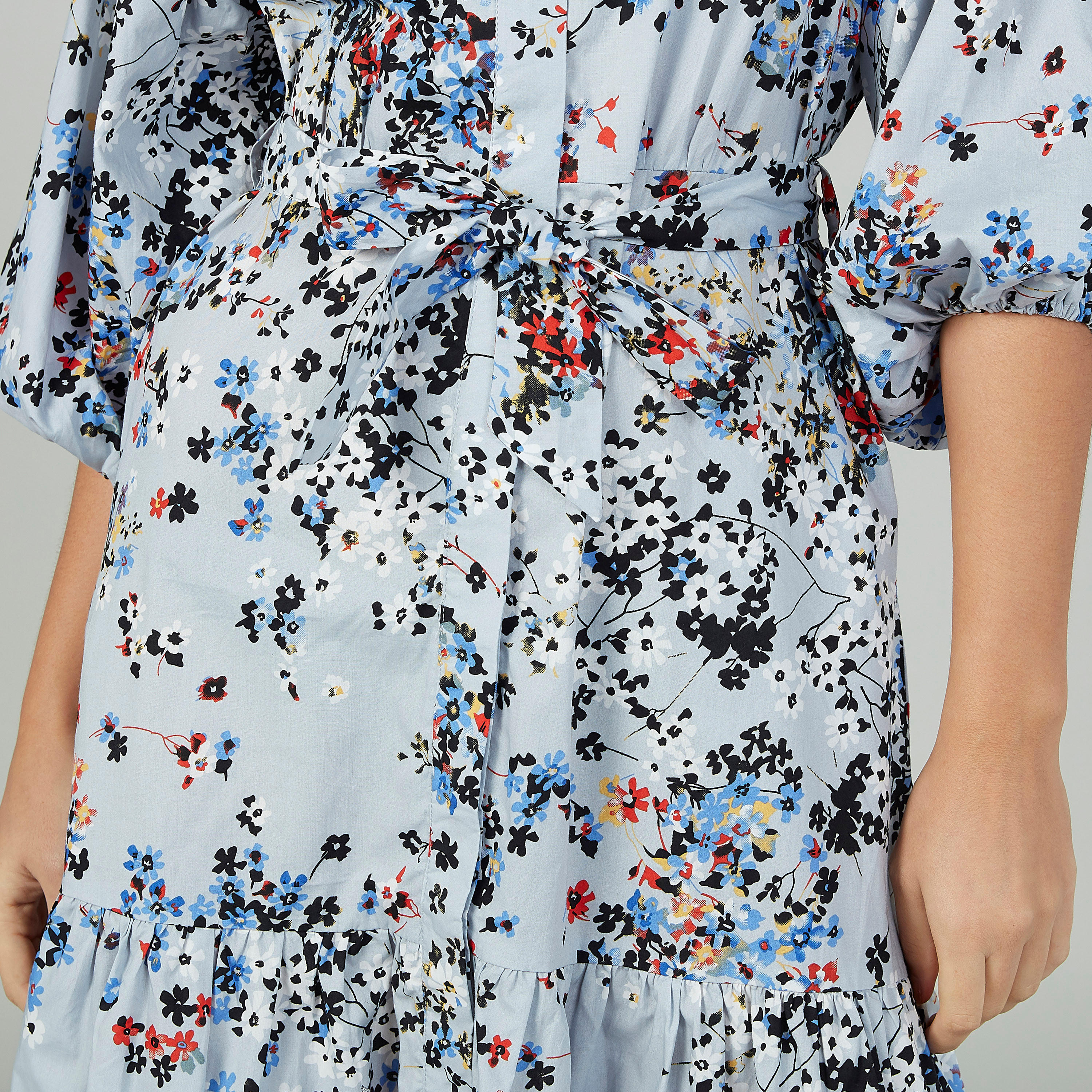فستان متوسط الطول بأكمام 3/4 وحواف غير مستوية وطبعات زهرية-women-clothing-dresses-image-3