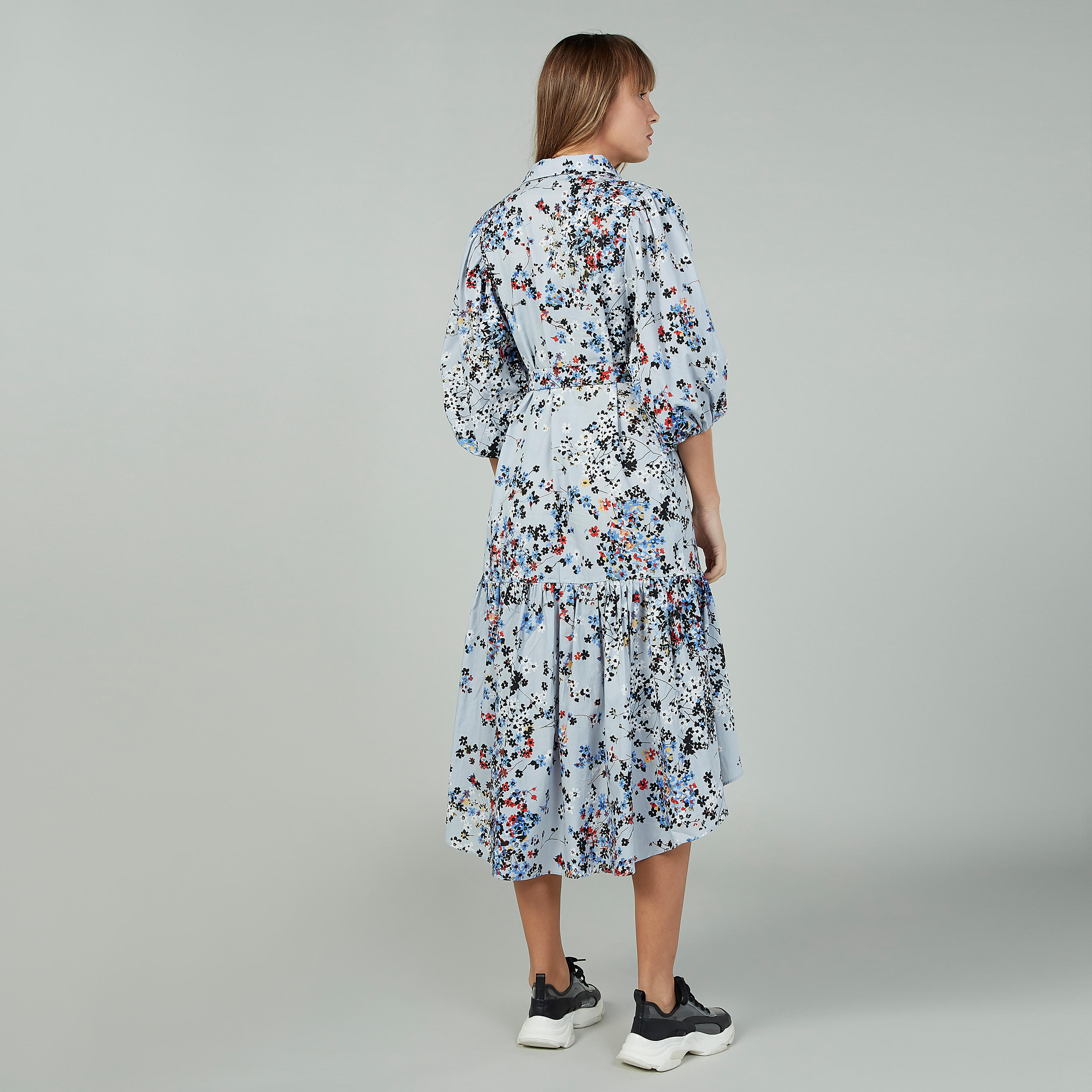 فستان متوسط الطول بأكمام 3/4 وحواف غير مستوية وطبعات زهرية-women-clothing-dresses-image-4